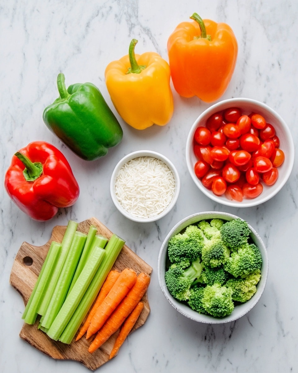 The image shows six fresh ingredients arranged neatly on a white marbled surface. There are three whole bell peppers placed side by side in green, red, and yellow colors. Next to them on the right is a white bowl filled with white grains, likely rice. Below the peppers, on the left, is a wooden cutting board holding several green celery sticks. To the right of the cutting board is a small white bowl full of bright red cherry tomatoes. Finally, on the far right, there is a white bowl filled with green broccoli florets and a few small orange baby carrots placed beside it. photo taken with an iphone --ar 4:5 --v 7