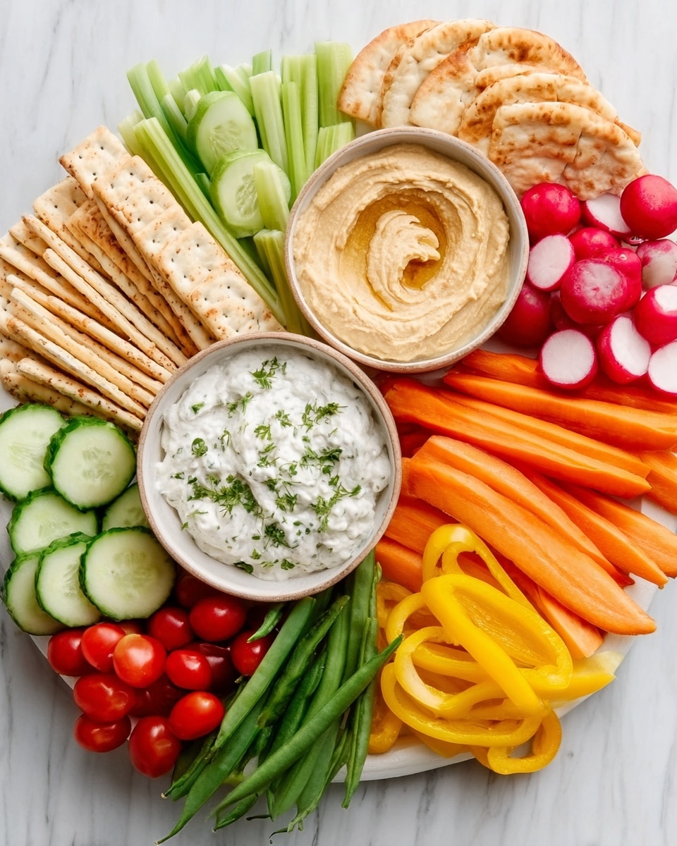 The image shows a large white plate on a white marbled surface, filled with colorful and fresh food arranged neatly in layers. At the center top, there is a small bowl of light brown hummus with a smooth texture, surrounded by several slices of light golden pita bread arranged in a crescent shape. Around the pita, there are bright orange carrot sticks and red radishes on the right side, while green celery sticks and small round red tomatoes fill the left side. Below the pita, there are thin, round slices of cucumber forming a semi-circle, next to a bowl of white creamy dip with green herbs on top. On the left edge, there are light brown crackers lined up vertically, and at the bottom, fresh green beans and yellow bell pepper strips add more color to the plate. The whole setup is clean, crisp, and fresh. Photo taken with an iphone --ar 4:5 --v 7