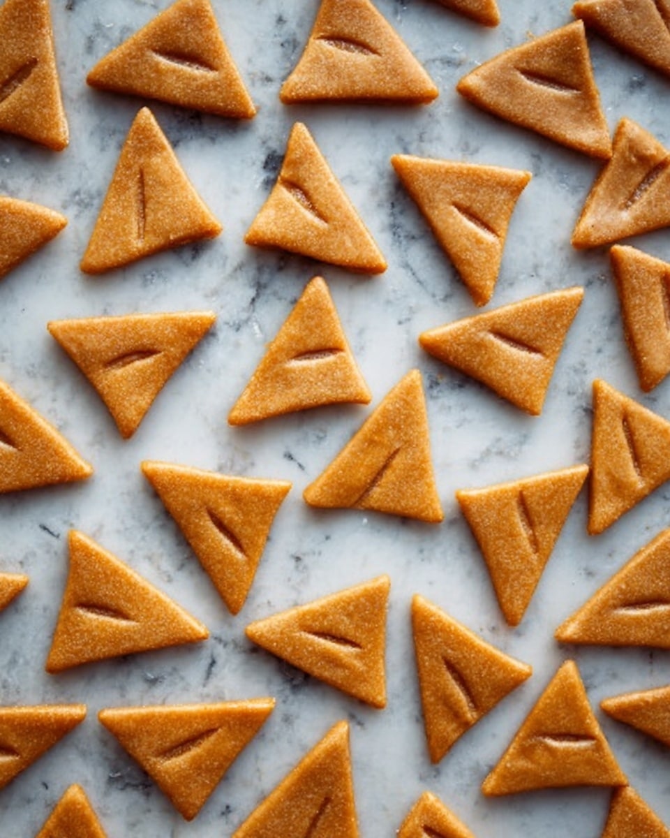 The image shows many small triangle-shaped dough pieces placed on a white marbled surface. Each dough piece is orange-brown and has three small cuts or slits on the top side. The dough pieces are arranged neatly and spaced evenly, covering the entire surface. The texture of the dough appears smooth and slightly shiny. photo taken with an iphone --ar 4:5 --v 7