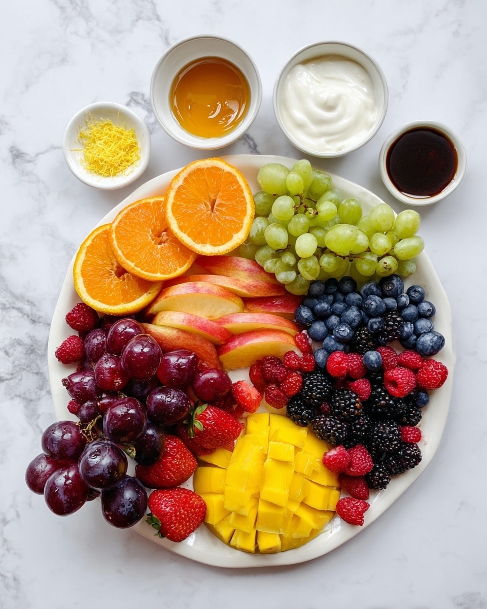 A large white plate filled with various fresh fruits arranged in sections: halved orange with bright orange inside near the top left, green grapes cluster on the top right, blueberries and raspberries mixed together near the top center, whole strawberries and blackberries in the middle right, sliced yellow mango pieces next to a whole peach on the left, bunch of dark purple grapes at the bottom left, and a whole apple on the bottom right. Above the plate, four small white bowls contain thick white yogurt, golden honey, dark brown syrup, and finely chopped yellow zest. The background is a white marbled texture. Photo taken with an iphone --ar 4:5 --v 7