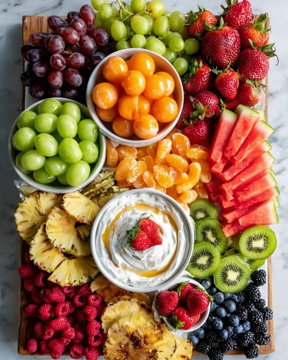 A large white wooden board filled with many types of fruit arranged in neat sections. At the top, two small white bowls: one with light green and orange round melon balls, and the other with white yogurt topped with honey swirl. Surrounding these bowls are clusters of dark red grapes, bright orange peeled mandarin segments, halved green kiwi slices with seeds, and slices of red watermelon with green rind on the right. Pineapple slices with brown edges are placed next to the watermelon. Around the edge of the board are bunches of green grapes, halved red strawberries, red raspberries, black blackberries, and dark blue blueberries. Near the bottom bowl of creamy white dip topped with two strawberry halves. The board sits on a white marbled surface. photo taken with an iphone --ar 4:5 --v 7