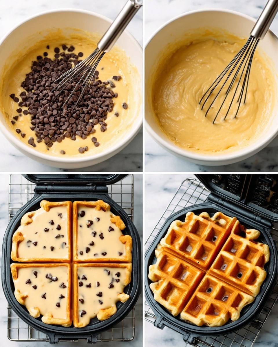 A sequence shows the process of making chocolate chip waffles: first, a white bowl filled with thick yellowish batter is topped with a large pile of small dark chocolate chips, with a whisk inserted in the middle; next, the batter is mixed, showing the chocolate chips spread evenly throughout the thick, creamy yellow batter inside the white bowl with the whisk partly submerged; then, the batter is poured into a black waffle iron that contains four square molds, each filled with a slightly shiny batter dotted with chocolate chips, edges spreading slightly over the mold; finally, a single golden brown waffle with a crisp texture and visible chocolate chips in the pockets sits on a cooling rack, showing light crispy edges and a fluffy interior. The background is a white marbled texture. photo taken with an iphone --ar 4:5 --v 7