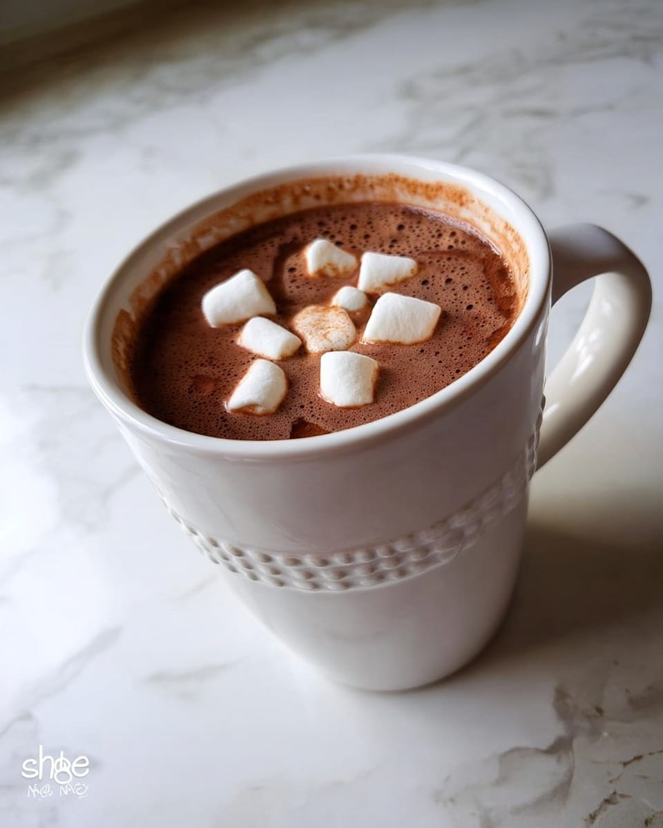 A close-up view of a white mug filled with dark brown hot chocolate topped with small white marshmallows that float on the surface. The mug has a smooth texture with two rows of small bead-like patterns around its middle. The mug is angled slightly and placed on a shiny, white marbled surface with subtle gray and beige veins. The warm tones of the drink contrast gently with the bright white mug and surface, creating a cozy and inviting scene. photo taken with an iphone --ar 4:5 --v 7