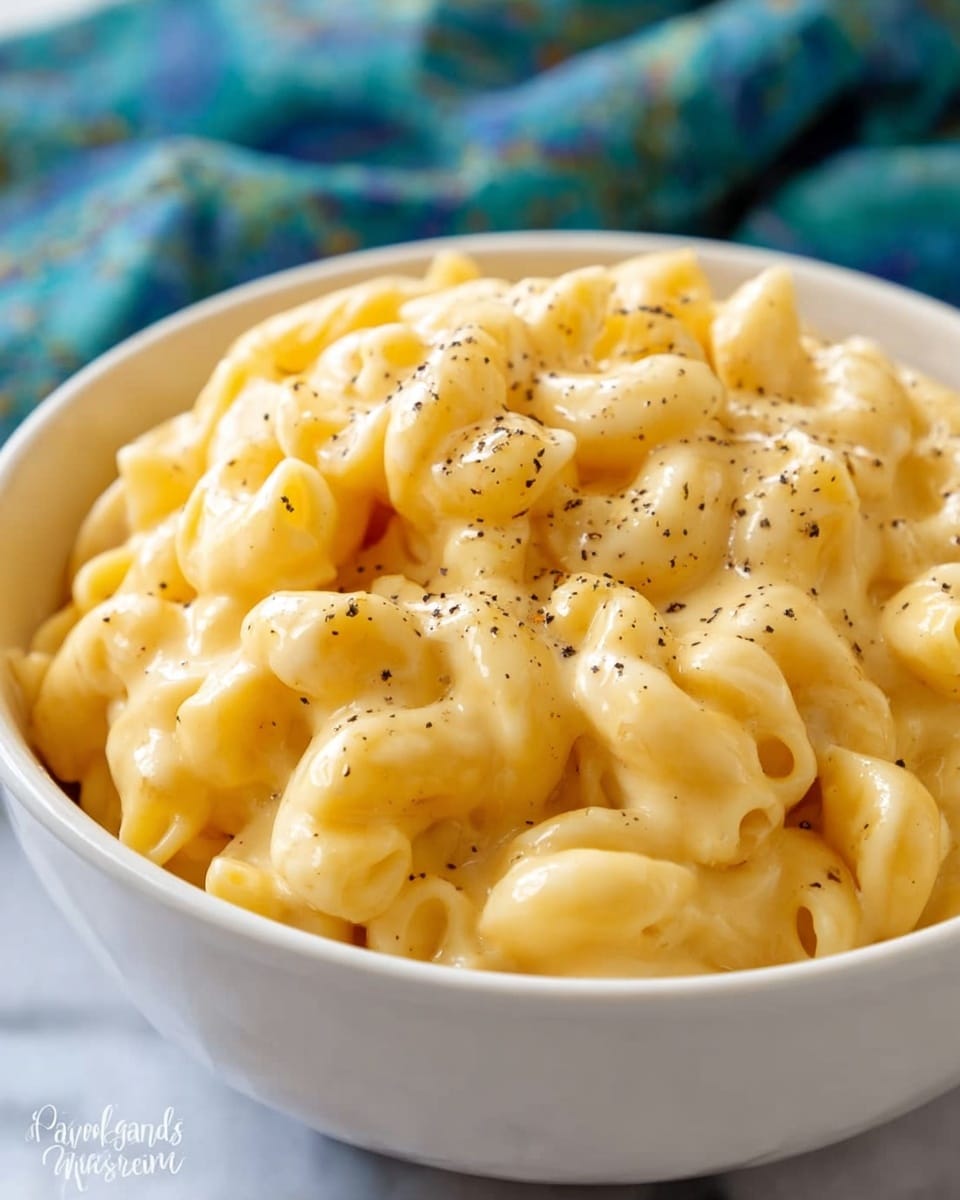 A white bowl filled with macaroni pasta covered in a creamy yellow cheese sauce, with small black pepper specks sprinkled on top. The pasta is tightly packed in the bowl, showing soft curves of the elbow macaroni with a smooth, shiny texture of the cheese coating. The bowl sits on a white marbled surface with a blurred blue and green textile in the background. photo taken with an iphone --ar 4:5 --v 7