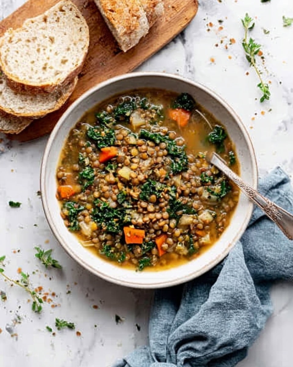 A white bowl filled with a thick soup shows many layers of tiny lentils, small orange carrot pieces, and green kale, all mixed together in a light brown broth. The soup's texture looks soft and hearty, with the lentils and vegetables floating near the surface. A silver spoon rests inside the bowl at the edge. Around the bowl are some slices of white bread on a wooden board, and a woman's hand is reaching from the right side near a soft-looking, folded blue cloth. The whole setting is on a white marbled surface with small green herbs sprinkled around for garnish. Photo taken with an iphone --ar 4:5 --v 7