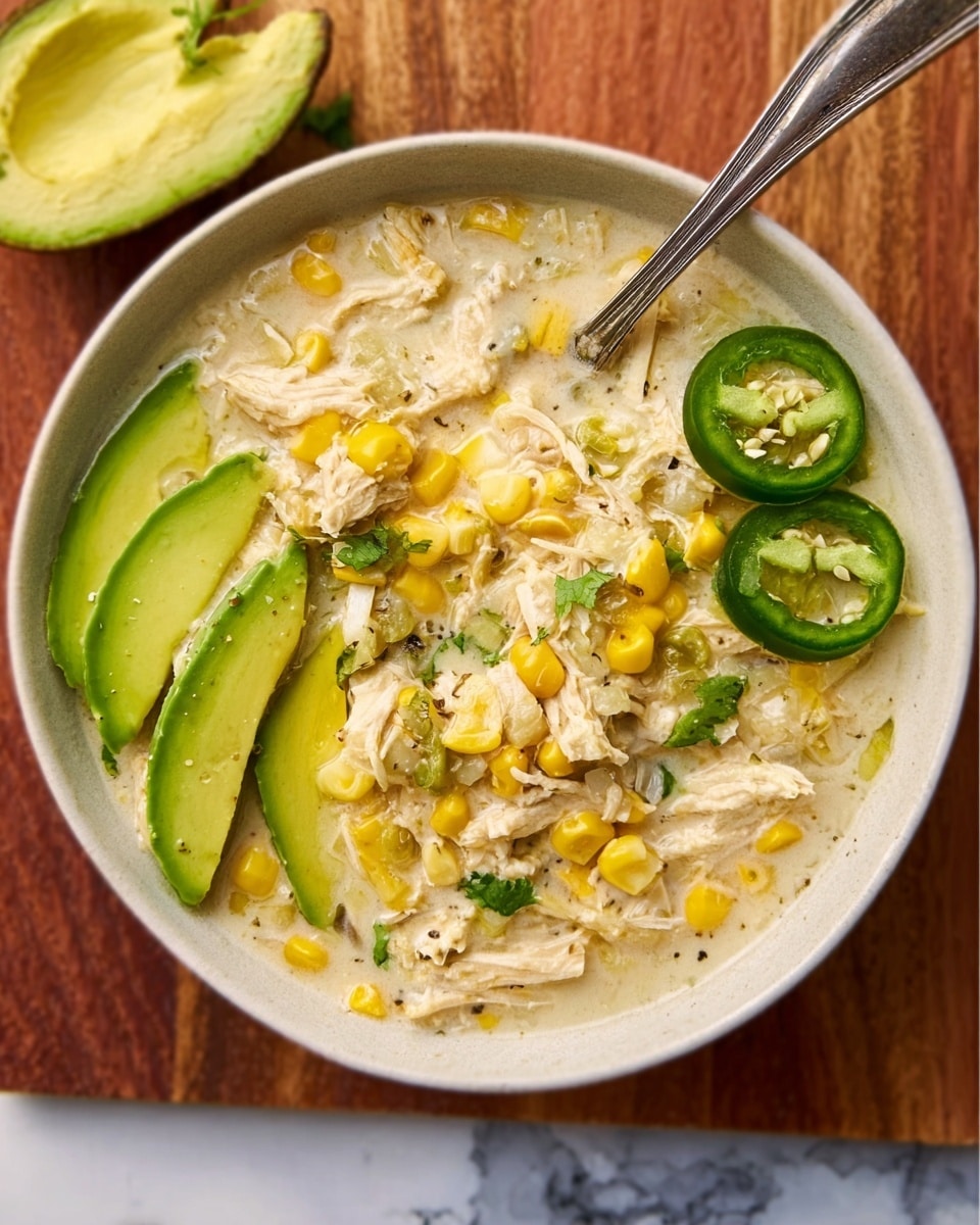 The image shows a white bowl filled with creamy chicken and corn soup, containing visible yellow corn kernels and shredded chicken pieces mixed with a light creamy broth. On the left side of the bowl, three slices of fresh, smooth green avocado are neatly placed. On the right side, two slices of fresh green jalapeño with visible seeds rest on the soup near the edge of the bowl. A silver spoon is placed inside the bowl, partially submerged in the soup. The bowl sits on a wooden surface with a white marbled background visible around it. Photo taken with an iphone --ar 4:5 --v 7