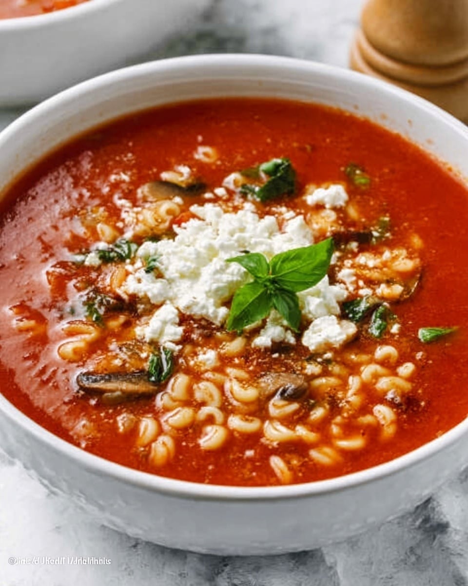 The image shows a white bowl filled with rich, red tomato soup. Inside the soup, there are visible small pasta pieces, diced mushrooms, and bits of green herbs. On top, there is a dollop of white cheese crumbles and a small green basil leaf in the center. The bowl is placed on a white marbled surface, with a pepper grinder partially visible in the background. The soup looks warm and hearty, with a smooth texture and a mix of colors from the ingredients photo taken with an iphone --ar 4:5 --v 7