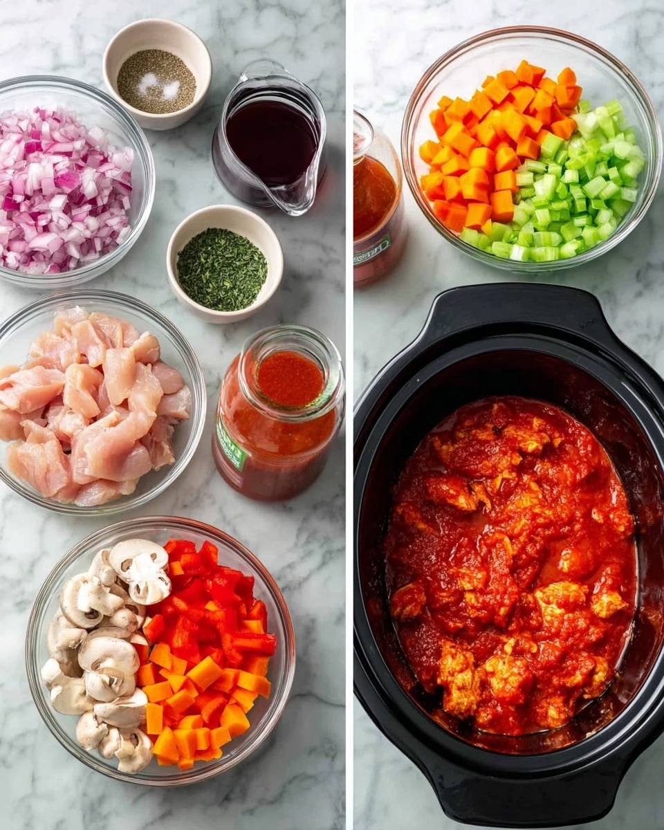 The image shows two sections: on the left, clear glass bowls and a jar are arranged on a white marbled surface, containing bright red chopped onion, raw light pink chicken, chopped red bell pepper, a jar of red sauce, brown liquid in a small pitcher, dark red wine, orange chunks of squash, green chopped celery, minced garlic, fresh chopped herbs, white mushrooms, and small bowls with green dried herbs and white salt and pepper mix; on the right, a black slow cooker sits on the same white marbled surface filled with layers of diced orange carrots and red bell peppers at the bottom, topped with white mushrooms and a thick layer of bright red textured sauce. photo taken with an iphone --ar 4:5 --v 7