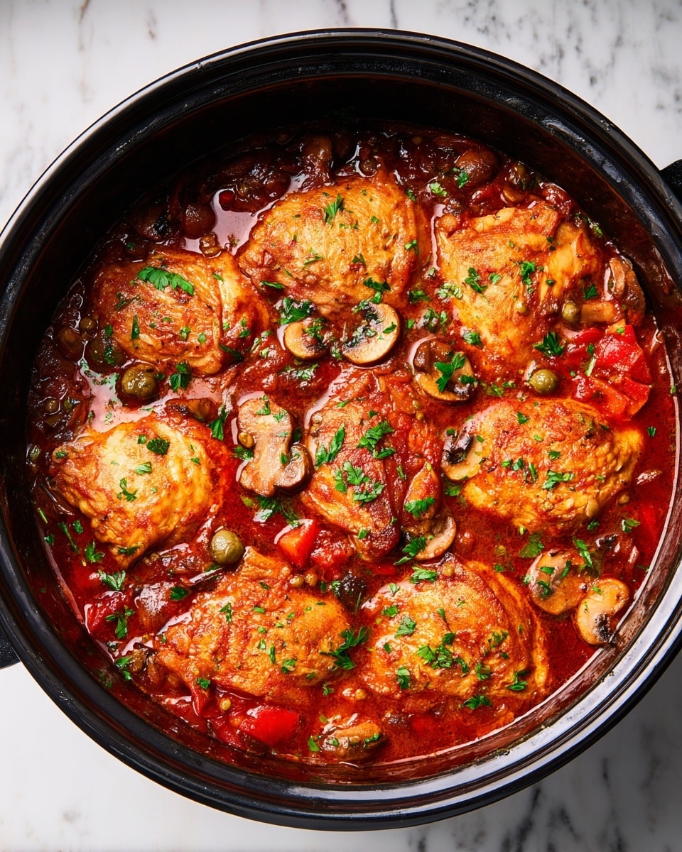 A large black pot filled with a rich red tomato sauce as the base layer, dotted with green herbs and small capers. Six golden-brown cooked chicken pieces are partially submerged in the sauce, arranged evenly on top. Mixed in the sauce around the chicken are sliced brown mushrooms and chunks of red bell pepper, adding more layers of texture. The surface shows a glossy, slightly oily shine, with scattered bits of fresh green parsley sprinkled on top. The pot sits on a white marbled surface. photo taken with an iphone --ar 4:5 --v 7