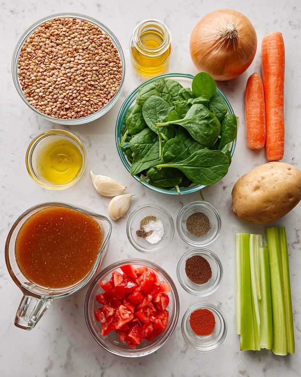The image shows various cooking ingredients neatly arranged on a white marbled surface, including a clear glass bowl full of light brown lentils at the top left, a small jar of light yellow oil beside it, a large clear glass bowl of fresh bright green spinach leaves at the top center, and an onion with a golden-brown outer layer placed next to them. Next, there is a clear glass measuring jug filled with brown broth on the bottom left, a clear bowl with red chunks of diced tomato in the center, and a small bowl with six different spices - black, white, brown, and red powders arranged in a circle - towards the bottom right. To the right of the bowls, there are two orange carrots, a pale brown potato, two celery stalks with white and light green colors, and a small bowl with three peeled white garlic cloves. Photo taken with an iphone --ar 4:5 --v 7