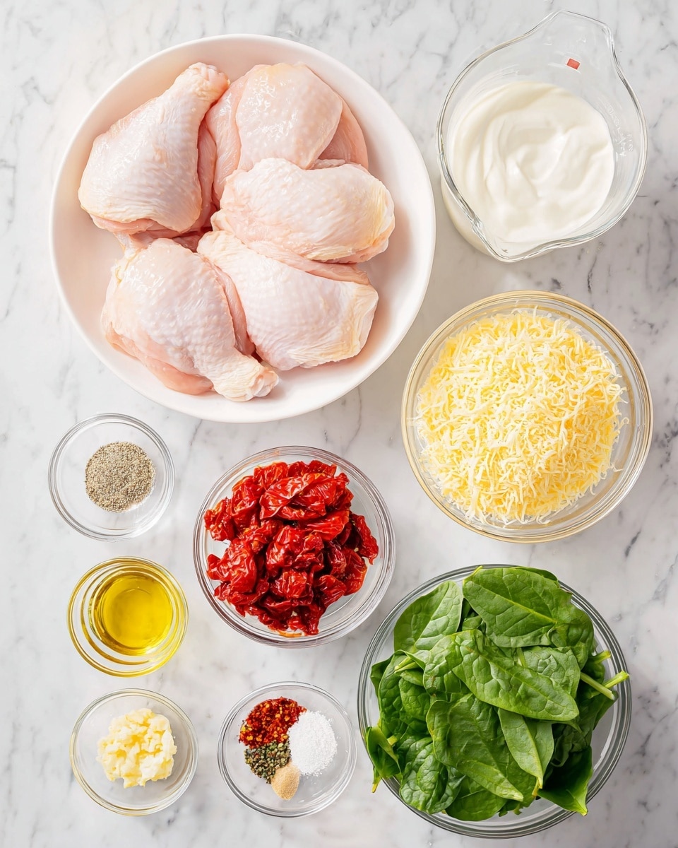 Four raw chicken pieces lay in a white bowl at the top center of the image, each smooth and pale pink with natural texture lines. To the top right, a clear measuring cup holds white cream, while below it, a glass bowl is filled with finely grated yellow cheese. Below and right of the chicken, a small white bowl contains salt and black pepper. A glass bowl beneath the cheese holds bright red sun-dried tomatoes. Below the tomatoes, a glass bowl is filled with fresh green spinach leaves, showing varied leaf shapes and a vibrant texture. At the bottom left, several small clear bowls and one white bowl contain various ingredients: minced garlic in the white bowl, yellow mustard in one clear bowl, white flour in another, golden oil in a glass bowl near the center, and a mix of red and green dried spices in a glass bowl near the left. The whole scene rests on a smooth white marbled surface. Photo taken with an iphone --ar 4:5 --v 7