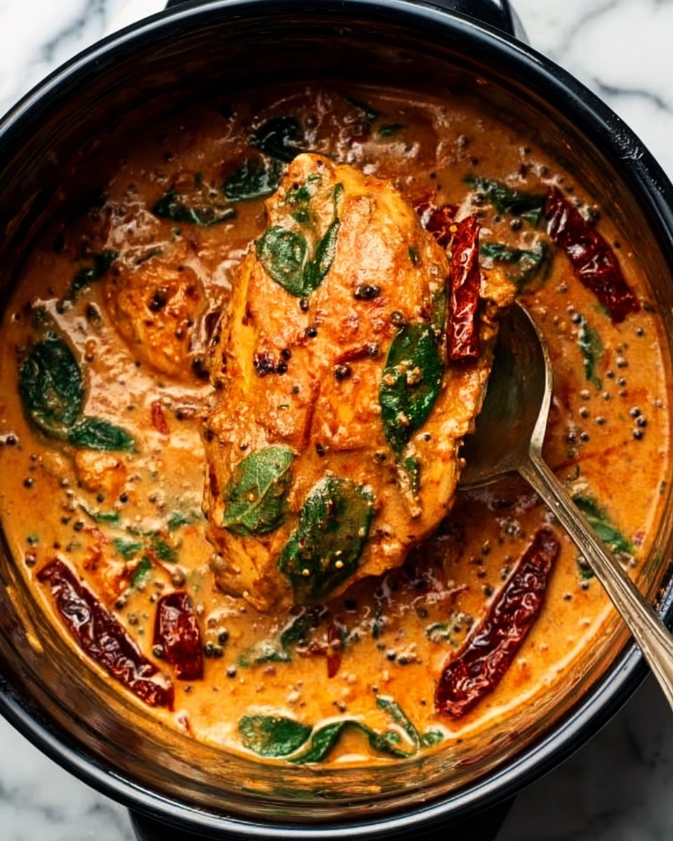 This image shows one large piece of chicken in a thick creamy orange sauce inside a black pot. The sauce has visible green spinach leaves and whole dried red chili peppers scattered around. There are also small black seeds or spices mixed throughout the sauce. A metal spoon lifts one piece of chicken, revealing the rich texture of the sauce on top. The pot is placed on a white marbled surface. photo taken with an iphone --ar 4:5 --v 7