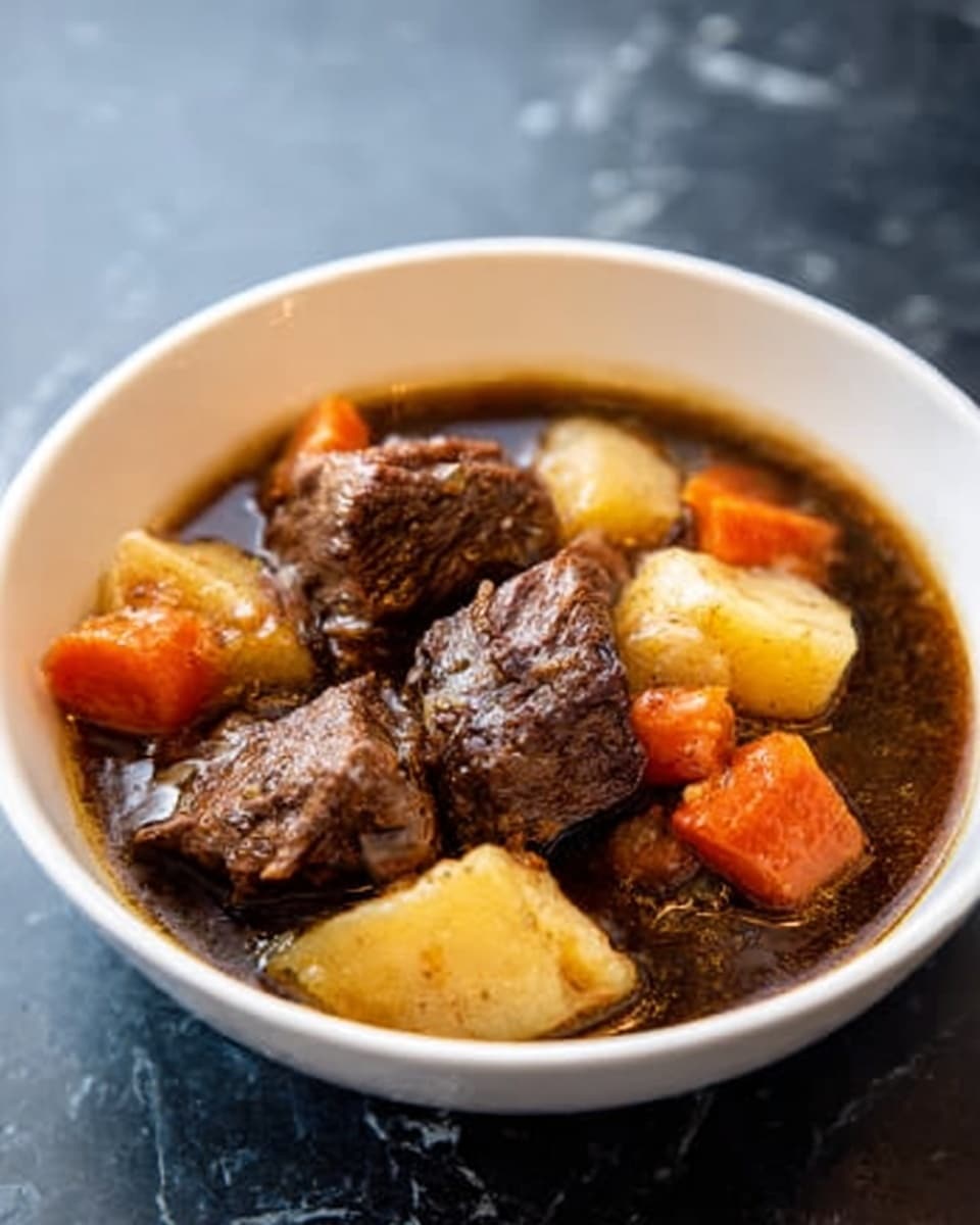 The image shows several white bowls arranged on a white marbled surface. One large bowl filled with raw red beef chunks is centered to the left. Below it, another large white bowl holds several light brown potato pieces with skin on. To the upper right, a medium white bowl contains bright orange baby carrots. Below it, a smaller white bowl is filled with diced white onions, and next to it, another small white bowl is filled with sliced green celery. To the far right, there is a dark bottle of Guinness Extra Stout beer standing upright. The wooden surface beneath everything is changed to white marble for the description. Photo taken with an iphone --ar 4:5 --v 7