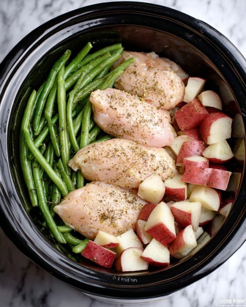 The image shows a black slow cooker filled with three main layers of food. On the left side, there is a layer of green beans that look fresh and shiny. To the right of the green beans, three raw chicken fillets sit in the middle, each pale pink with a light sprinkle of black pepper and seasoning on top. On the far right, there is a mixture of diced red-skinned potatoes and white potato pieces, all uncooked. The food is arranged neatly so that each ingredient stays in its own section inside the slow cooker. The background is a white marbled texture. Photo taken with an iphone --ar 4:5 --v 7