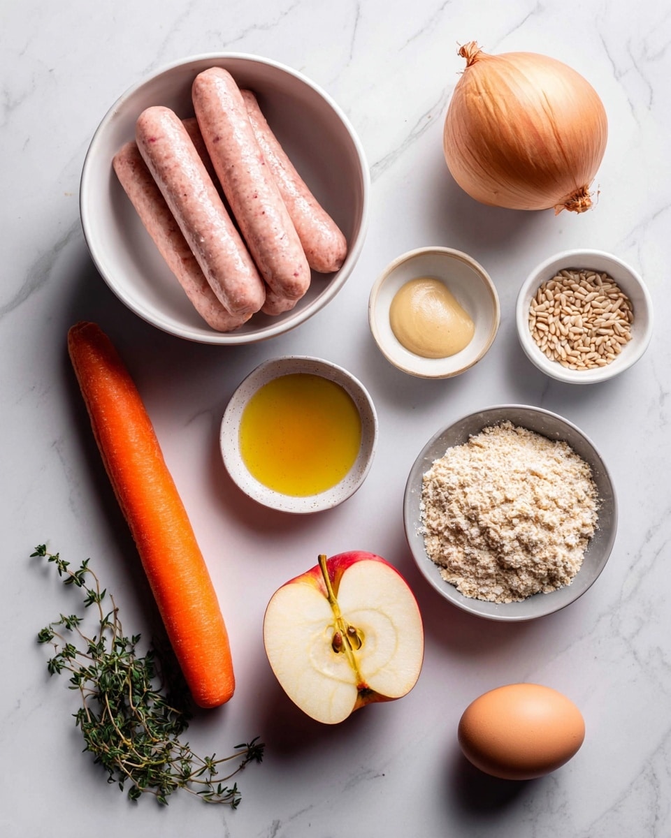 The image shows several ingredients laid out on a white marbled surface. At the top center, there is a white bowl filled with four pink raw sausages with a smooth texture. To the right, there is a whole brown onion and a small white bowl with light brown seeds. Below the onion, there is a small white bowl with a dollop of beige mustard and another with golden-yellow oil. In the lower center, there is a white bowl containing two halves of a red apple showing the seeds and core. To the left of the apple bowl is a whole bright orange carrot. Above the carrot, there is a small grey bowl filled with light brown breadcrumbs that have a crumbly texture. Next to it, there is a single brown egg and a small clove of garlic. A small sprig of fresh green thyme lies near the carrot on the left side of the image. Photo taken with an iphone --ar 4:5 --v 7