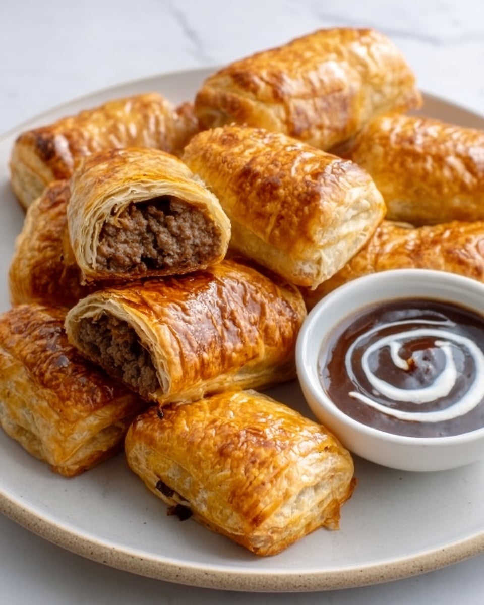 The image shows a white plate filled with several golden-brown sausage rolls, each flaky and crispy on the outside with visible layers of puff pastry. One sausage roll is cut open at the front, revealing a filling of finely ground meat inside. On the right side of the plate, there is a small white bowl filled with a dark brown sauce with a swirl of lighter cream on top. The plate is placed on a white marbled surface. Photo taken with an iphone --ar 4:5 --v 7