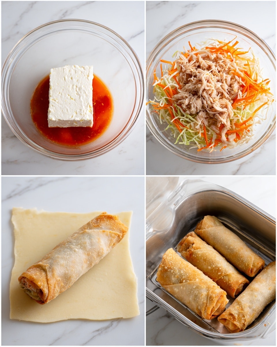 A set of six images showing the process of making egg rolls. The first image shows a clear glass bowl with a block of white cream cheese sitting on bright red sauce at the bottom. The second image has the same clear glass bowl with shredded light pink tuna, bright orange shredded carrots, thinly shredded pale green cabbage, and light beige crispy noodles inside. The third image shows a square pale yellow egg roll wrapper on a white marbled surface with a line of the mixed filling placed near the bottom of the wrapper. The fourth image shows the wrapper with the two side corners folded inward, creating a triangle shape at the bottom. The fifth image has the wrapper tightly rolled up, light beige in color, lying on the white marbled surface. The last image shows three golden brown fried egg rolls in a silver air fryer basket. Photo taken with an iphone --ar 4:5 --v 7