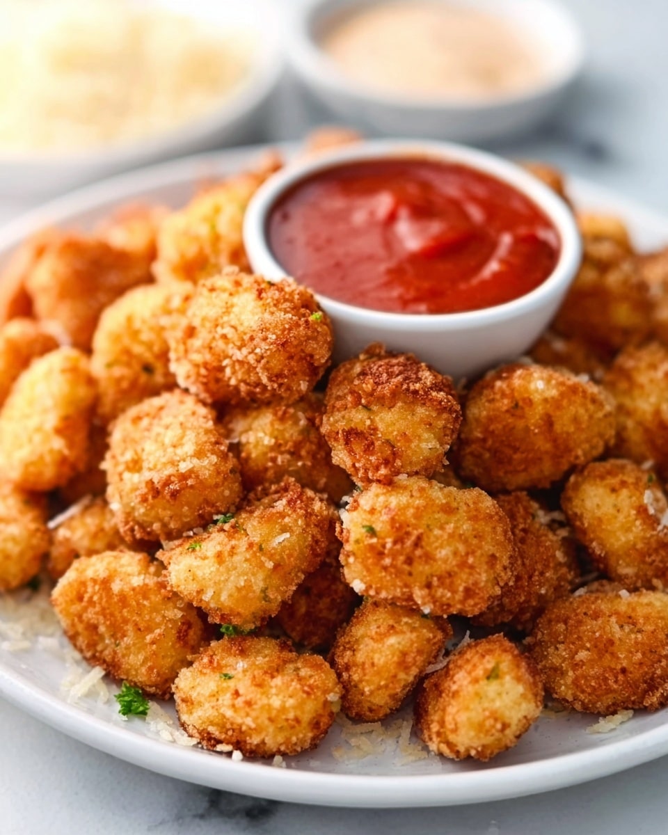 A white plate filled with small, golden fried popcorn chicken pieces that have a crispy texture. The chicken pieces are round and piled high on the plate. In the middle of the plate, there is a small white bowl with bright red dipping sauce, smooth and rich looking. In the background, slightly blurred, there is another small white bowl with a creamy light-colored sauce. The scene is set on a white marbled surface with soft natural light. Photo taken with an iphone --ar 4:5 --v 7