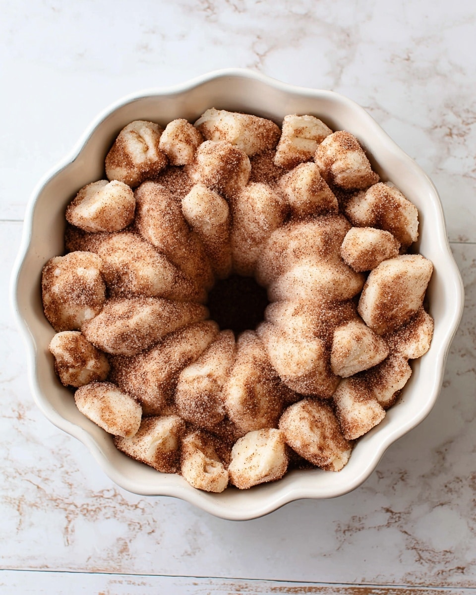 The image shows a white bundt pan filled with small dough pieces covered evenly with a layer of fine, light brown sugar and cinnamon powder. The dough pieces are light golden brown with a soft, slightly rough texture, clustered closely together inside the pan, which has curved edges and a hollow center. The bundt pan sits on a white marbled surface that contrasts softly with the warm tones of the dough and sugar coating. photo taken with an iphone --ar 4:5 --v 7