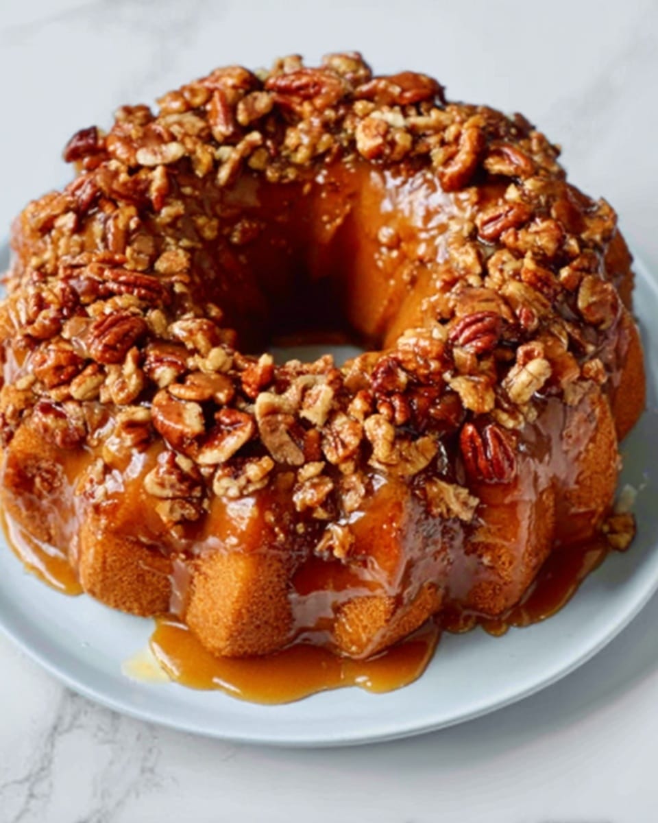 The image shows a ring-shaped cake covered in a thick, shiny caramel glaze that makes the surface look smooth and sticky. The top is fully covered with whole and halved pecans, giving the cake a crunchy texture and a rich brown color that contrasts with the light cake underneath. The cake rings around a hole in the middle, and it sits on a white plate placed on a white marbled surface. The caramel glaze drips slightly over the edges of the cake, adding a natural, fresh look. Photo taken with an iphone --ar 4:5 --v 7