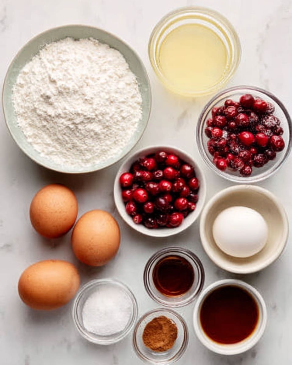 A white marble surface holds several small white bowls and glasses filled with baking ingredients. There is one bowl with white flour, a smaller bowl with dried red cranberries, and another with fresh whole red cranberries. Two light brown round items, likely fruits, sit directly on the surface near the bowls. A glass holds a pale yellow liquid, and another small bowl is filled with a white creamy substance next to a single white egg. Small containers hold brown cinnamon powder, clear granulated sugar, and a dark brown liquid which is probably vanilla. The layout is neat and organized, showing each ingredient clearly. Photo taken with an iphone --ar 4:5 --v 7