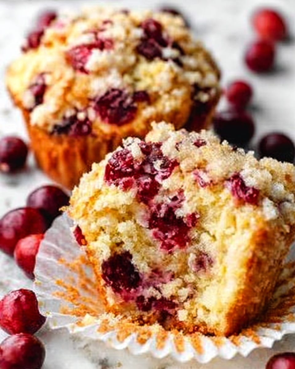 A close-up of two muffins filled with dark red cranberries. One muffin is whole, showing a golden brown top with scattered cranberries and crumbly texture. The other muffin is cut open, revealing soft, light yellow inside packed with juicy cranberries. Both muffins sit in white paper liners on a white marbled surface with scattered cranberries around. photo taken with an iphone --ar 4:5 --v 7