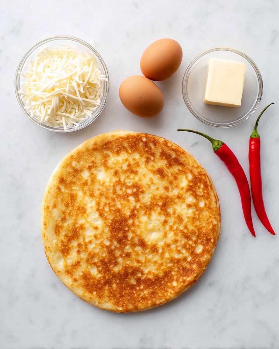 A round golden-baked pizza crust sits on a white marbled surface, showing a slightly bubbled and textured top layer. Above the crust, three brown eggs are arranged in a triangular shape. To the left of the eggs, a small clear bowl is filled with shredded white cheese, while a smaller clear bowl next to it holds a square piece of pale yellow butter. On the right side of the eggs, two long, bright red chili peppers lie parallel to each other, their green stems pointing upwards. The overall setup is clean and bright, capturing raw pizza ingredients neatly laid out. photo taken with an iphone --ar 4:5 --v 7