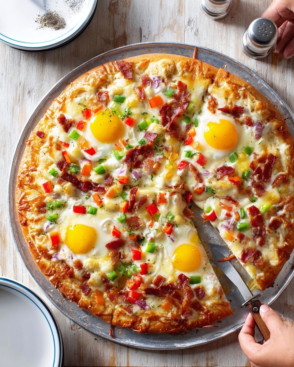 A round pizza with a golden crust on a silver tray shows a layer of melted white cheese covering the base. On top, there are three whole cooked eggs with bright yellow yolks, scattered pieces of red and green bell peppers, and small chunks of cooked bacon giving a mix of red, green, and brown colors. The pizza is being sliced with a pizza cutter held by a woman's hand, while another woman's hand holds the tray at the bottom. The tray rests on a light wooden surface with a metal salt shaker and a stack of white plates with blue rims nearby. photo taken with an iphone --ar 4:5 --v 7