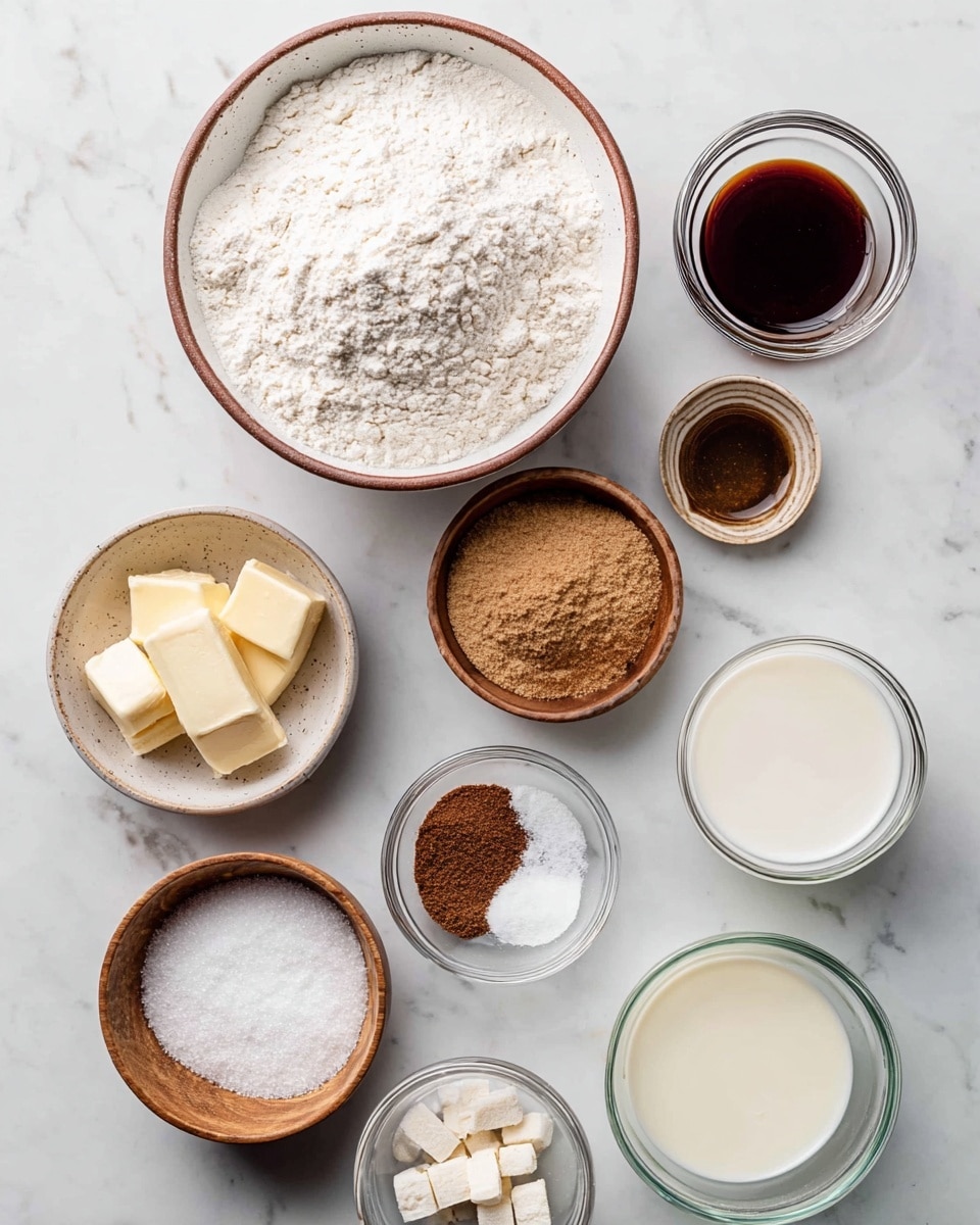 The image shows a flat lay of various baking ingredients arranged neatly on a white marbled surface. There are nine bowls in total: a large white bowl with brown edges filled with white flour at the top center; a smaller white bowl with brown edges containing light brown sugar powder below it; a small wooden bowl with different ground spices and salt in the center; a small glass bowl with dark syrup to the right; a glass bowl with milk in the bottom right corner; a small glass bowl with vanilla extract near the center bottom; a small glass bowl with butter cubes below the brown sugar bowl; a small wooden bowl with white powder, possibly baking soda or baking powder, next to the butter bowl; and a glass bowl with a light creamy liquid on the left side near the top. All items are placed with clear space between them on the marble surface. Photo taken with an iphone --ar 4:5 --v 7