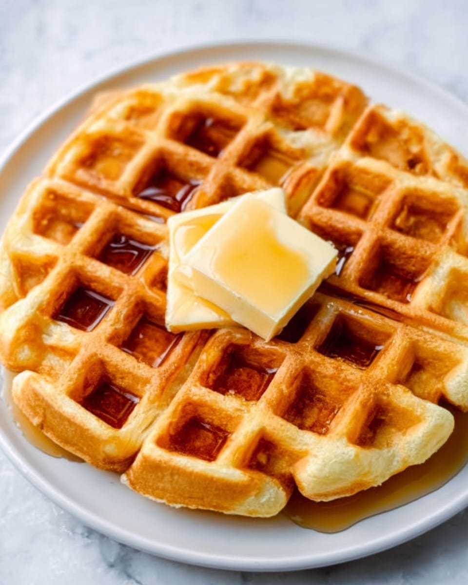 A white plate holds a single round waffle with a golden brown color and a crisp texture. On top of the waffle is a square pat of melting butter slowly spreading down into the waffle's wells, where syrup is pooled in the deeper spots. The edges of the waffle are slightly crispier and lighter in color, showing a good contrast to the softer, syrup-covered center. The background features a white marbled texture. Photo taken with an iphone --ar 4:5 --v 7
