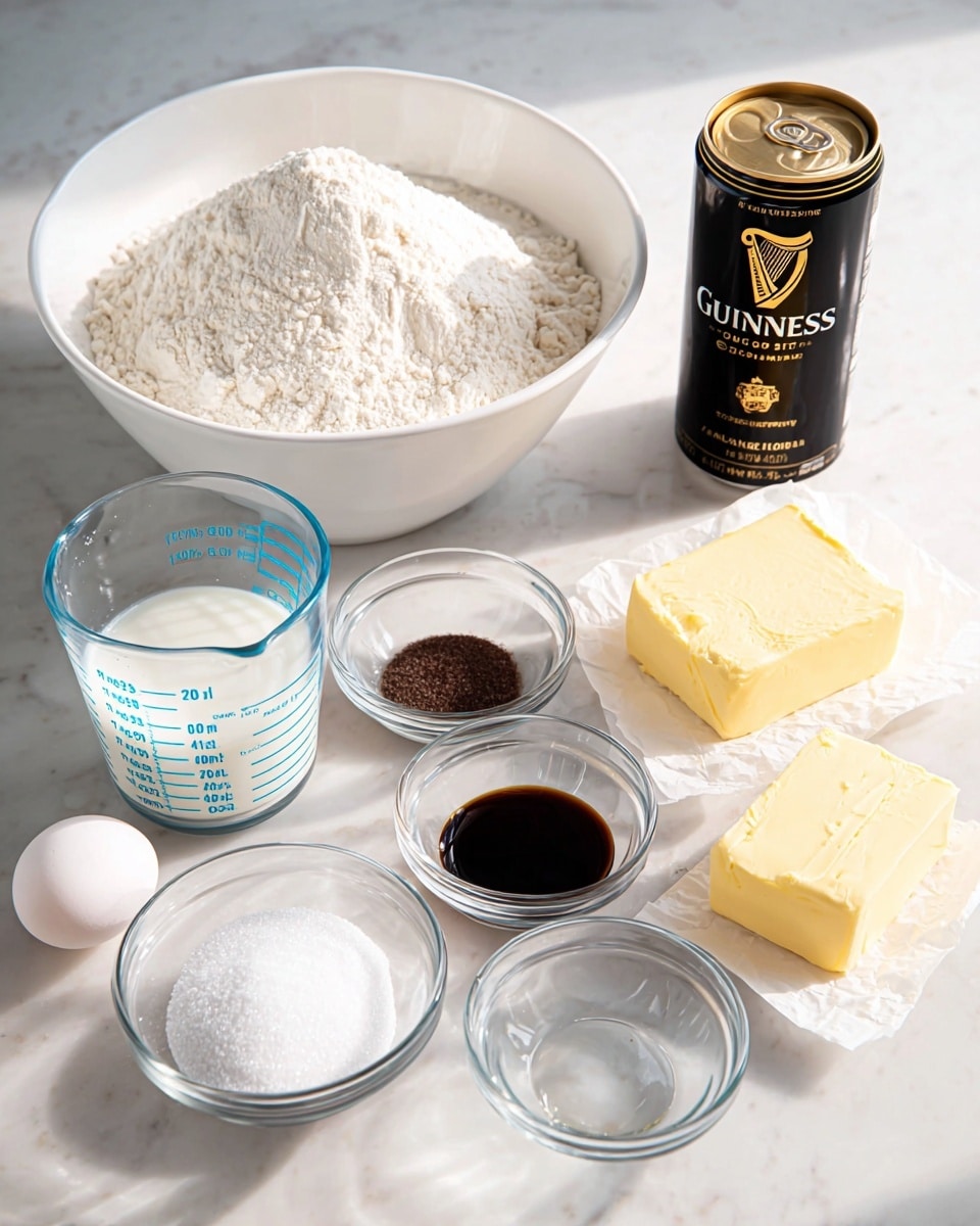 The image shows a white marbled surface with baking ingredients neatly arranged. In the back, there is a large white bowl filled with white flour, next to a clear glass measuring cup holding milk marked with blue measurements, and a black can of Guinness stout with gold and white lettering. In front of these, from left to right, there is a white bowl full of sugar, followed by three small clear glass bowls containing salt, vanilla extract, and baking powder. Two white eggs are placed next to a block of pale yellow butter partially wrapped in paper on the right side. A final empty small clear glass bowl is toward the lower left corner. All the items are evenly spaced with bright and natural lighting. photo taken with an iphone --ar 4:5 --v 7
