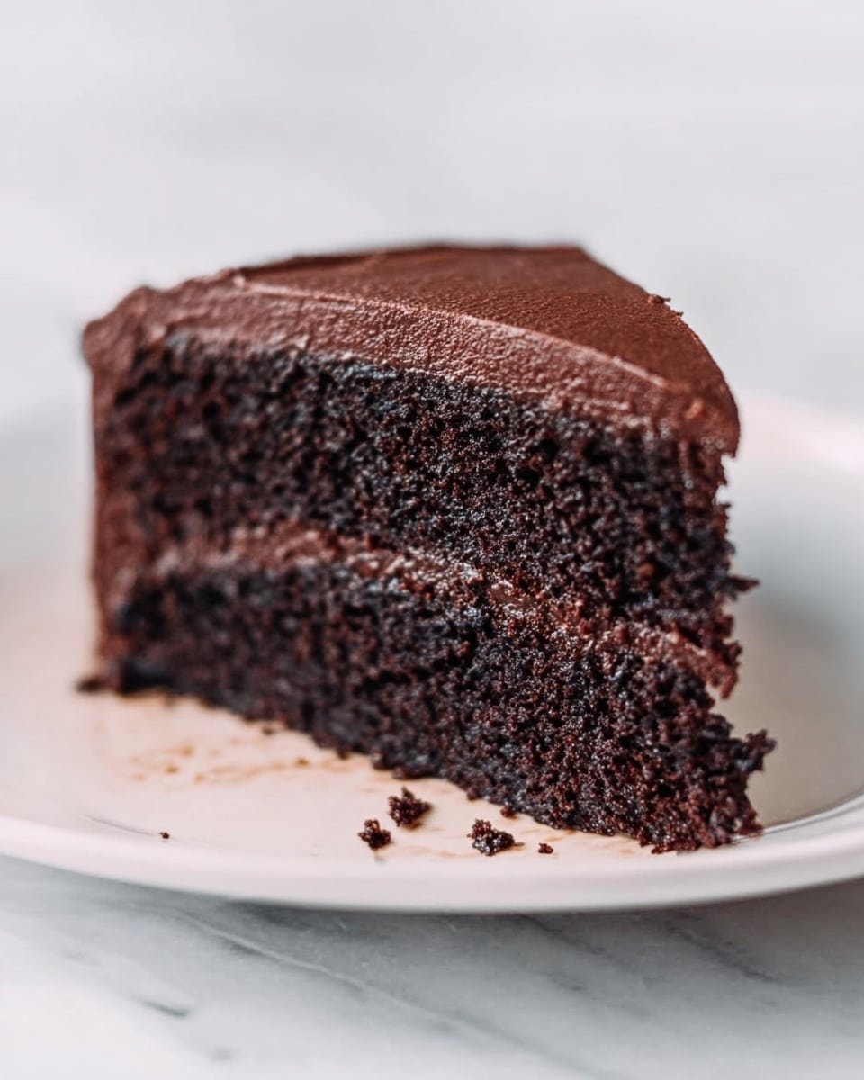 The image shows a single slice of dark chocolate cake on a white plate. The cake has two layers with a thick layer of smooth, rich dark chocolate frosting on top. The cake looks moist with some crumbs around the base. The white plate sits on a white marbled surface. Photo taken with an iphone --ar 4:5 --v 7