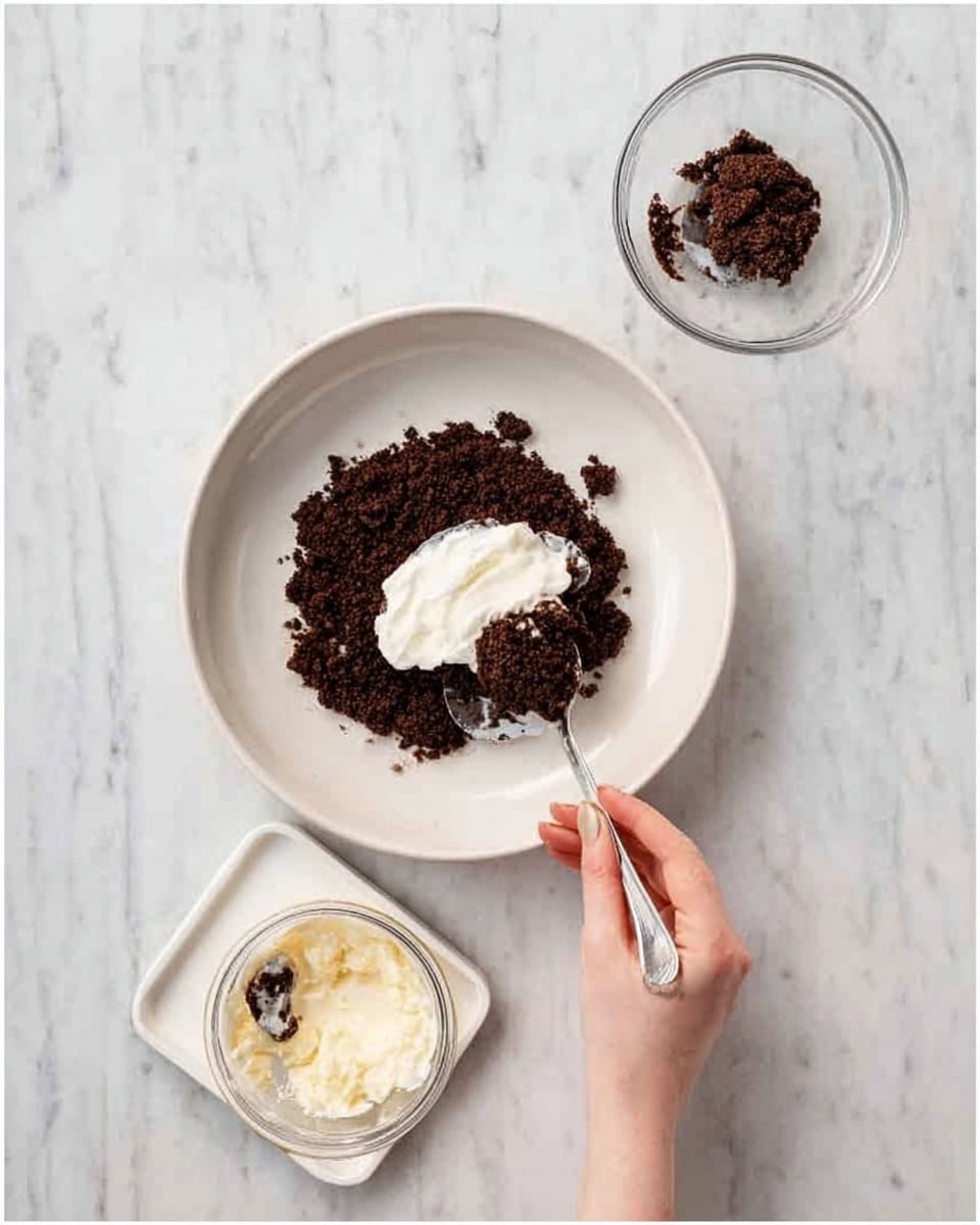 The image shows a four-step preparation of a dish on a white marbled surface. In the first step, a woman's hand uses a spoon to spread dark brown crumbled mixture evenly on a white plate. The second step adds a dollop of thick white cream on top of the dark brown layer in the center of the white plate. In the third step, the dark brown mixture is folded gently around the white cream, partially covering it. The fourth step shows a clear glass bowl with a light-colored creamy mixture and a spoon inside, placed next to a white tray. Photo taken with an iphone --ar 4:5 --v 7