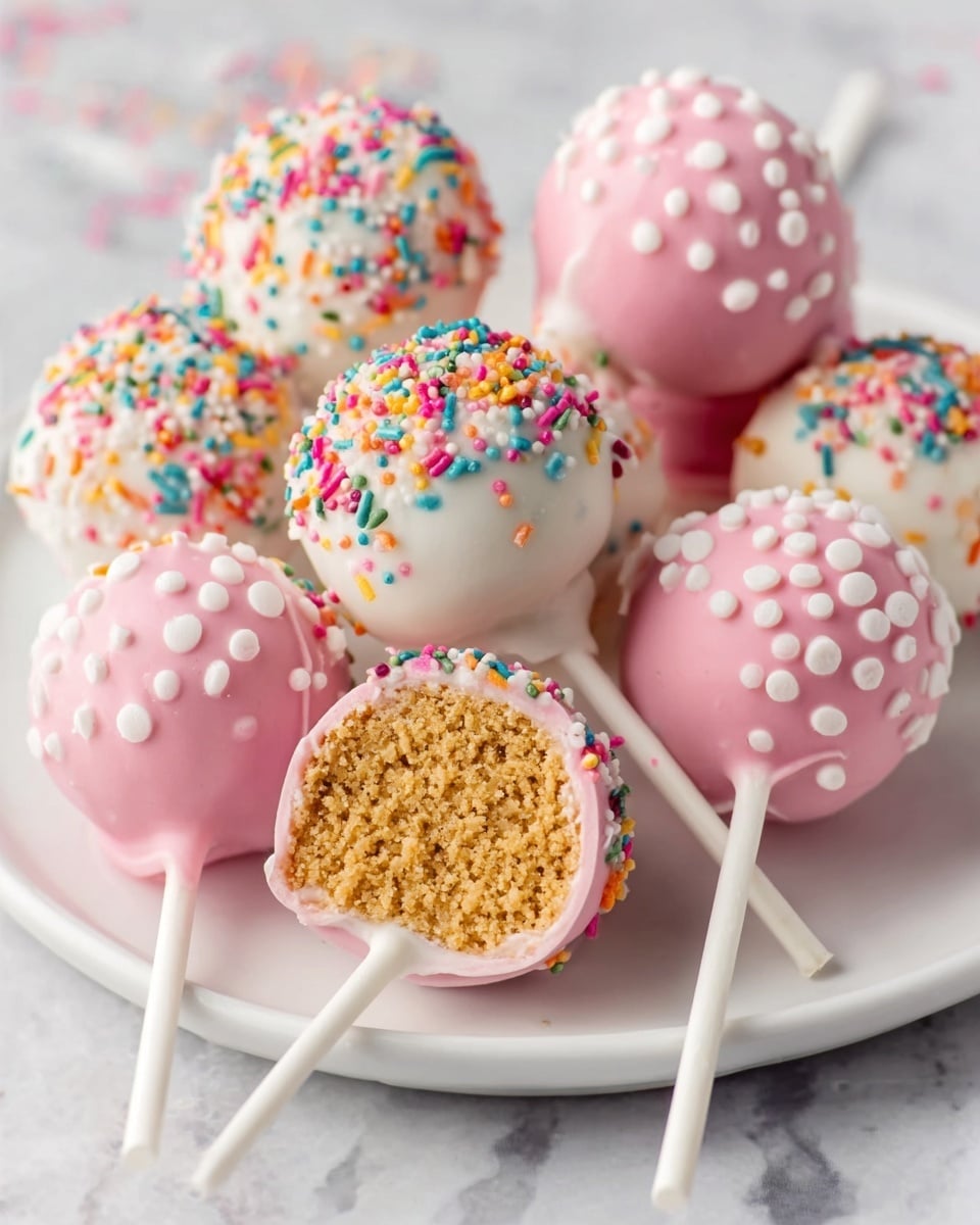 The image shows a group of cake pops on a white plate, placed on a white marbled surface. There are two main types of cake pops: one is covered in white coating with colorful sprinkles, and the other is coated in pink with small white round sprinkles. The cake pops are round and smooth, with each one on a white stick. One cake pop is cut open, revealing a light brown crumbly inside. The colors are bright and the scene looks clean and soft. Photo taken with an iphone --ar 4:5 --v 7