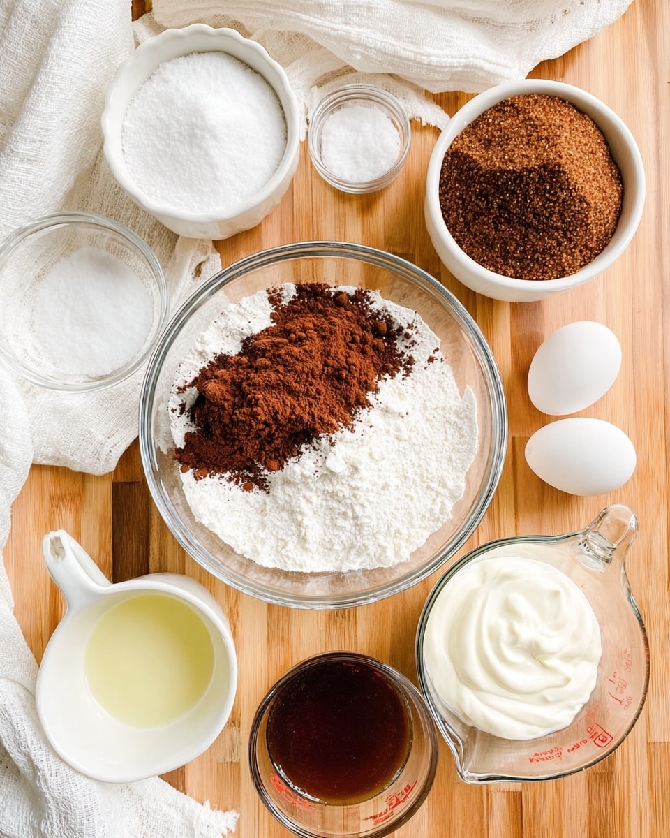 The image shows several clear and white bowls arranged on a wooden surface with a white cloth underneath. At the center, a clear glass bowl contains three layers of dry ingredients: white flour taking half the space at the bottom, dark brown cocoa powder in a rough texture filling the upper half, and a small clear bowl with white baking soda and salt resting on top. To the top right, a white bowl is filled with packed brown sugar. Below this, two white eggs sit in a small white bowl. At the bottom left, a clear glass cup holds a pale yellow liquid. Next to it, a white bowl holds a smooth, thick white creamy substance. Below that, a small clear glass cup has a dark brown liquid, and to the right, a clear measuring cup is filled with milk. The background is a smooth wooden surface with a soft white cloth draped artistically. Photo taken with an iphone --ar 4:5 --v 7