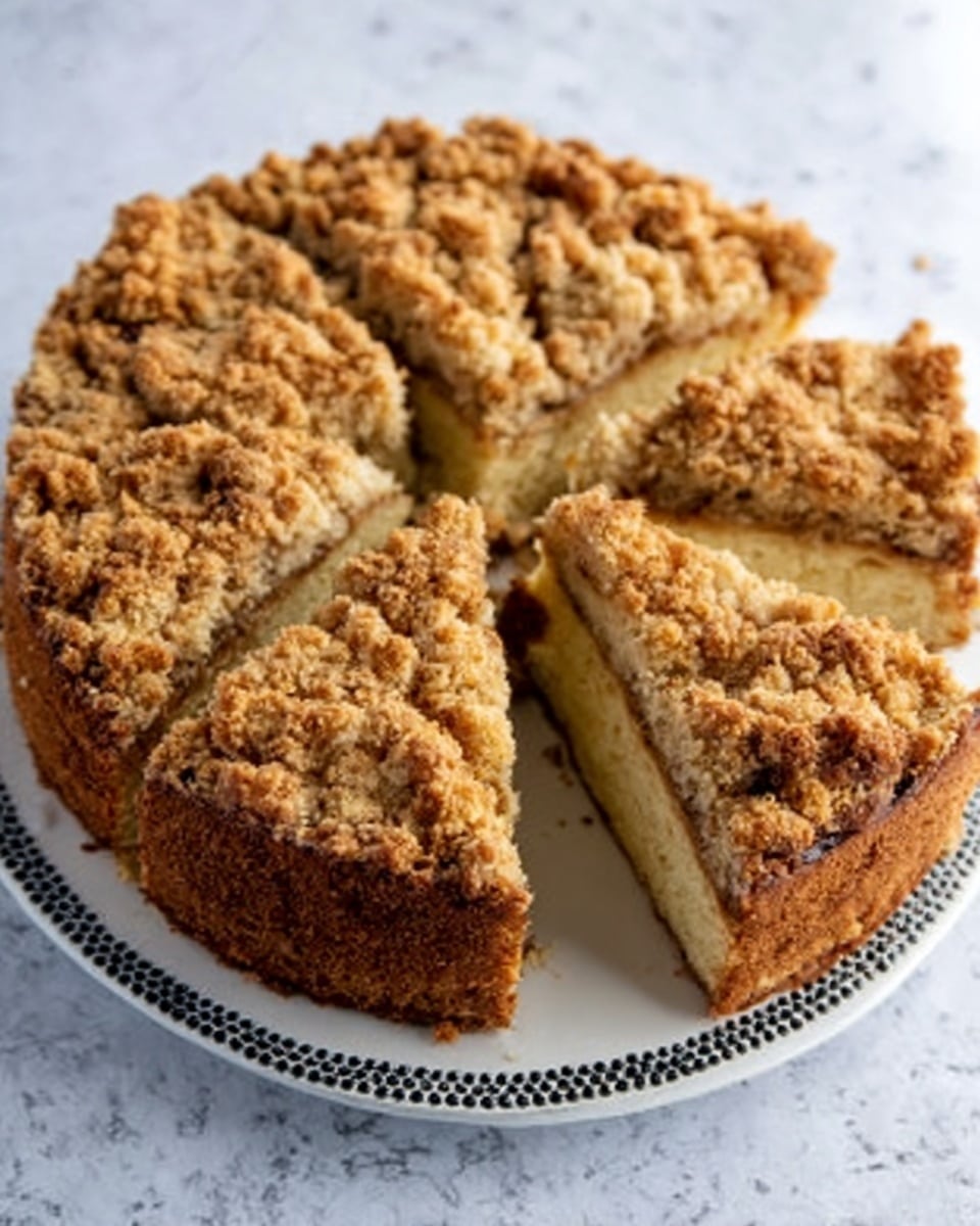 The image shows a round crumb cake with four slices cut and separated slightly from the center. The cake has three layers: the bottom layer is a light golden brown base, the middle layer is thicker and more solid with a slightly darker brown color, and the top layer is a crumbly, rough-textured topping in a mix of golden brown and tan colors. The cake is on a white plate with a delicate black dotted edge, sitting on a white marbled surface. The photo taken with an iphone --ar 4:5 --v 7