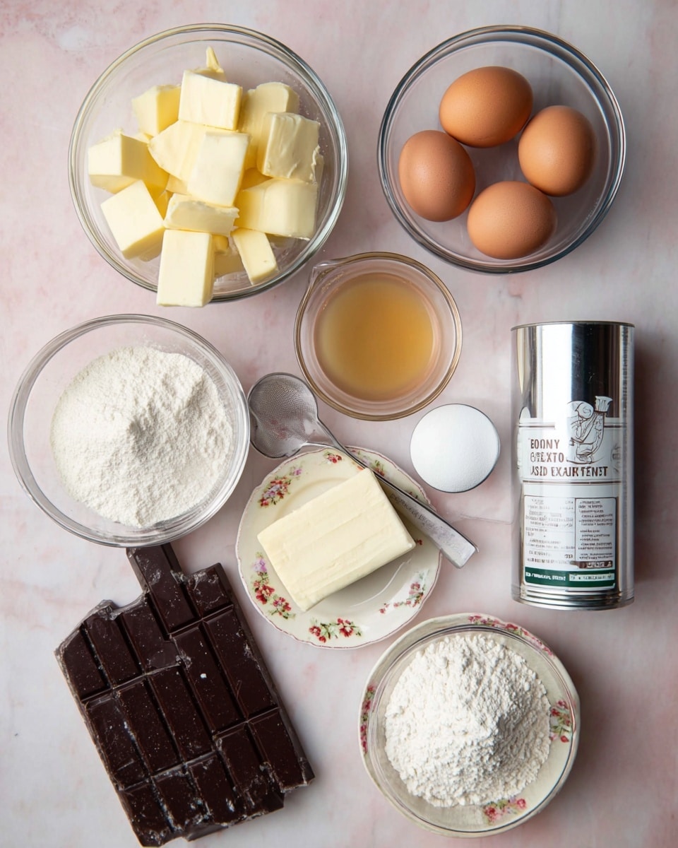 The image shows several clear glass bowls placed on a white marbled surface, each containing different ingredients. One large bowl holds cubed pale yellow butter, another medium bowl contains four brown eggs, and two smaller bowls hold white granulated sugar and powdered white flour. There is a metal measuring cup with white flour and a small clear bowl with a light brown liquid. A small dish with a floral design holds a slab of butter. A large rectangular bar of dark chocolate in silver foil sits near the center. A small metal teaspoon with a white powder is beside a tall silver can with a white and green label. The background is a soft pinkish-white marble pattern. Photo taken with an iphone --ar 4:5 --v 7