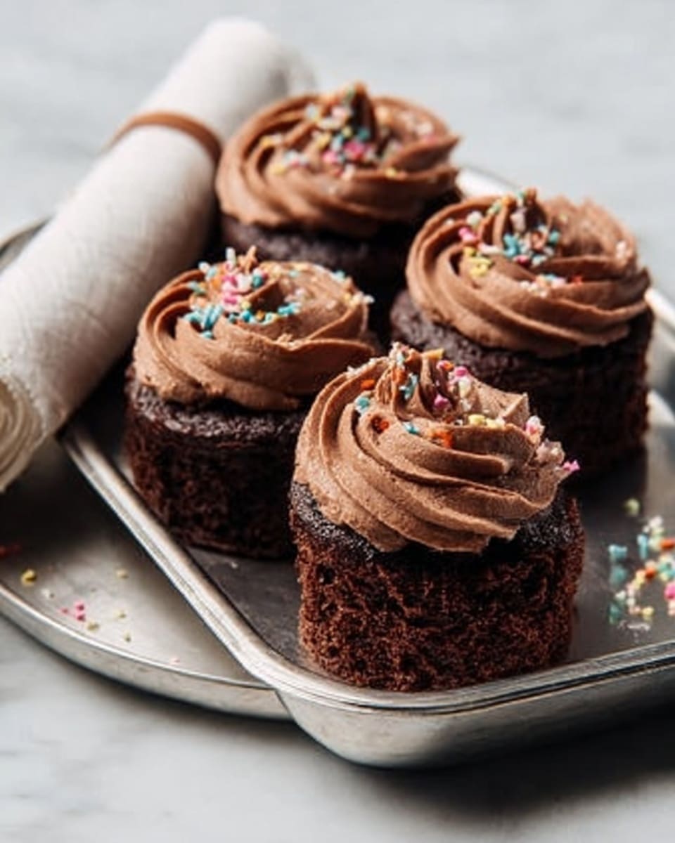 The image shows a tray with four small chocolate cakes, each with two layers of dark, moist cake and a thick swirl of light brown chocolate frosting on top. The cakes are decorated with colorful sprinkles on the frosting, adding small bits of red, blue, and yellow color. The tray is metal and sits on a white marbled surface. A rolled-up white napkin with a brown edge is placed to the left of the tray. photo taken with an iphone --ar 4:5 --v 7