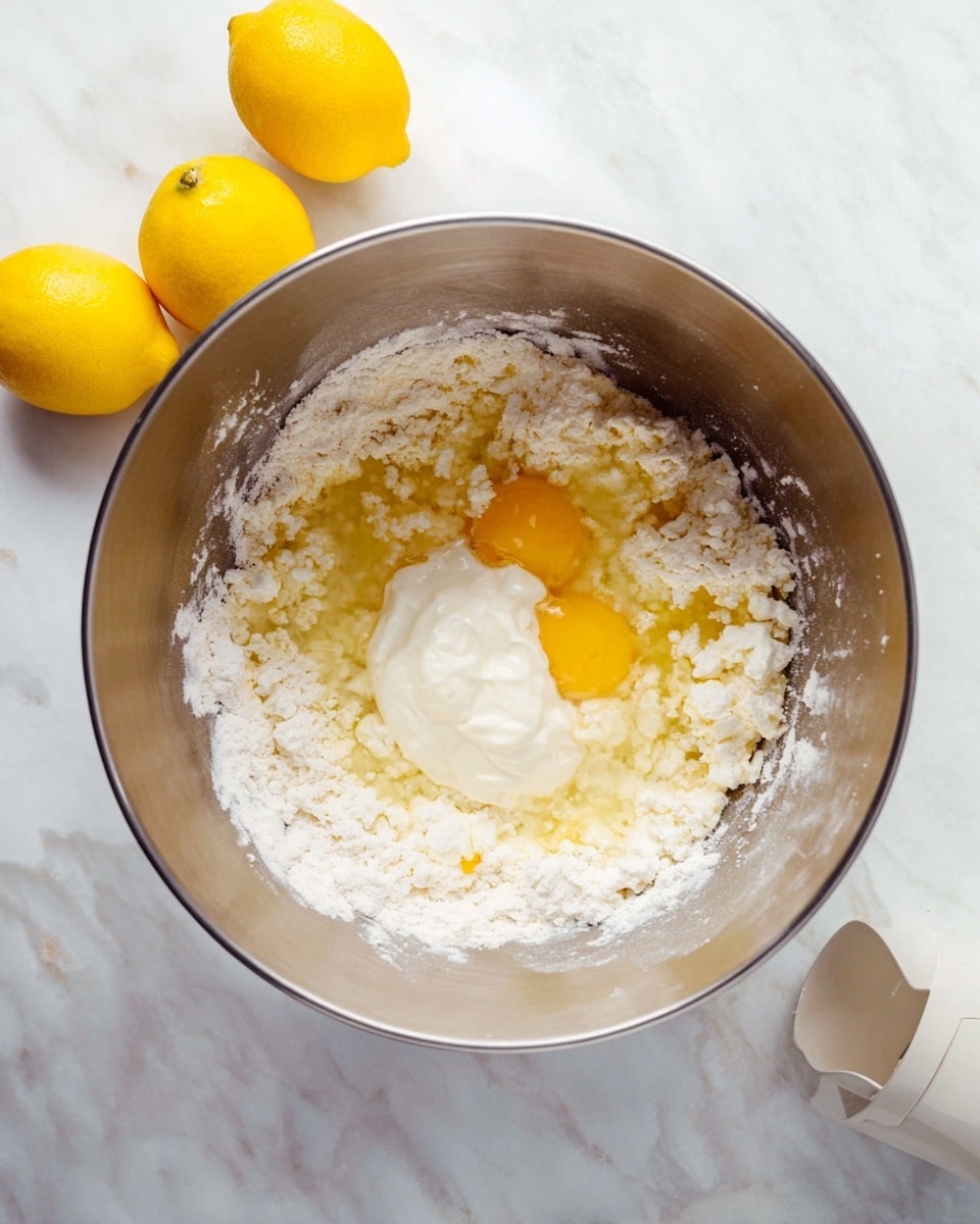 A metal mixing bowl sits on a white marbled surface, filled with several ingredients layered separately. At the bottom and spread throughout are white flour and small clumps of cottage cheese, lending a rough texture. In the center, a raw egg yolk adds a bright yellow spot surrounded by transparent egg white. On top, a dollop of thick, white sour cream or yogurt sits, with a smooth and creamy texture. Around the bowl on the marble surface are three bright yellow lemons clustered in the top left and bottom right corners, adding contrast. A white mixing attachment lies near the top right of the image. photo taken with an iphone --ar 4:5 --v 7