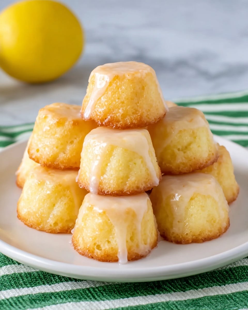 A white plate holds a pile of nine small lemon cakes arranged in a pyramid shape, with three cakes at the base, five in the middle, and one on top. Each cake is light yellow with a slightly textured surface, showing a baked crust around the edges and a soft shiny glaze dripping a little on the sides. The plate sits on a white marbled surface with a green and white striped cloth underneath. A whole yellow lemon is slightly blurred in the background to the upper left. photo taken with an iphone --ar 4:5 --v 7