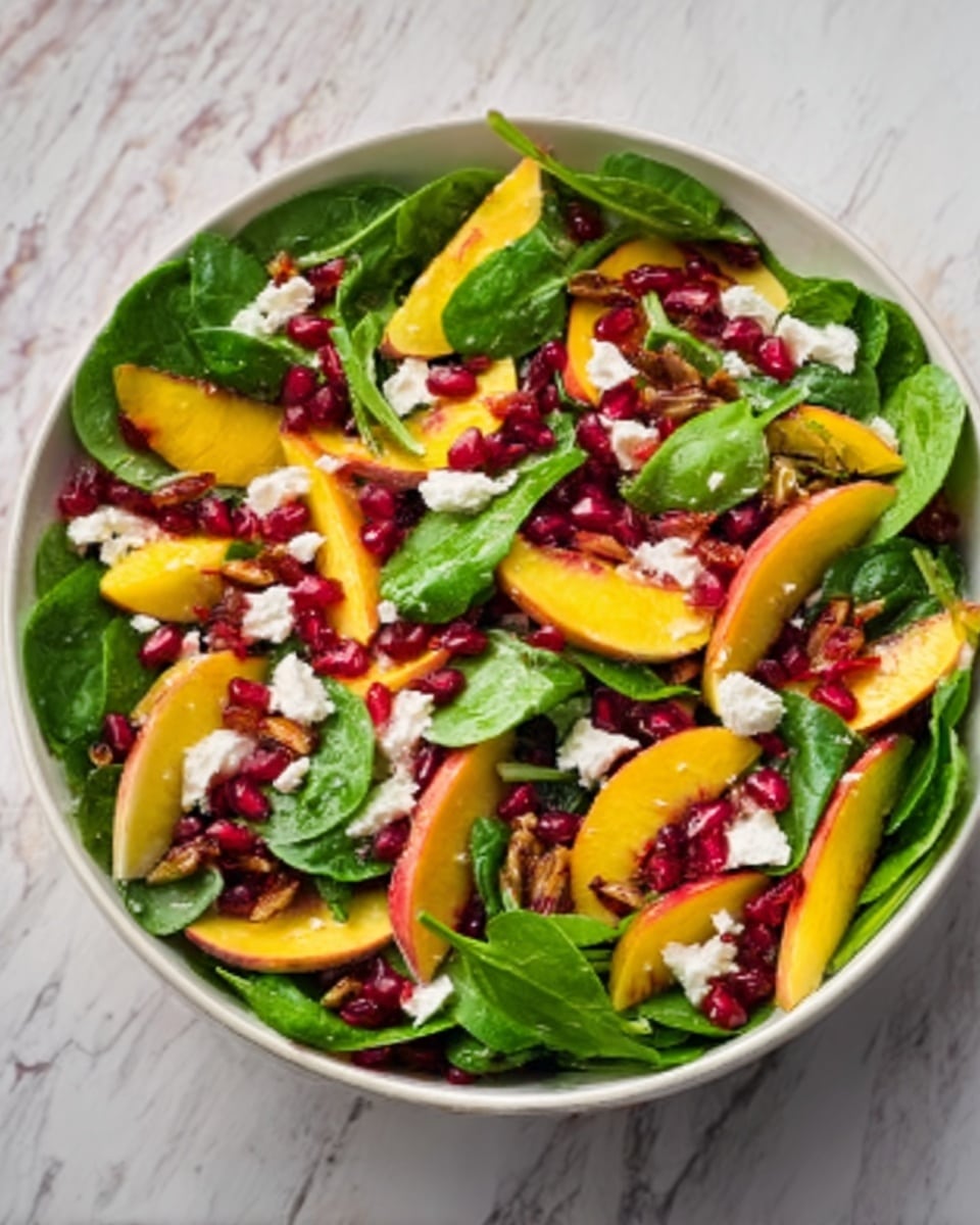 The image shows a white bowl filled with a fresh salad placed on a white marbled surface. The salad has multiple layers: bright green spinach leaves form the base, topped with thin wedges of yellow peach, small pieces of white cheese scattered evenly, and deep red pomegranate seeds sprinkled over everything. The textures include smooth, crisp spinach leaves, juicy peach slices, crumbly cheese bits, and glossy pomegranate seeds, all arranged in a colorful and fresh mix. photo taken with an iphone --ar 4:5 --v 7