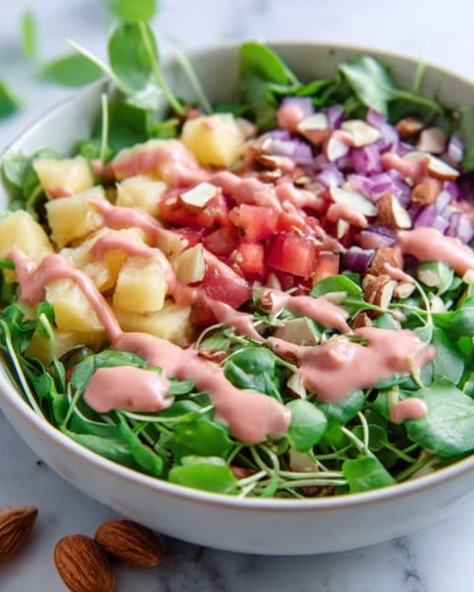 A white bowl filled with a fresh salad showing several layers: the bottom layer is green pea shoots with long stems spreading around; on top, diced pale yellow pineapple pieces and small red tomato chunks are scattered; mixed with the fruit are small bits of purple onion and whole almonds adding texture. Drizzled over everything is a creamy pink sauce creating a soft contrast against the vibrant colors. The bowl sits on a white marbled surface with a few almonds placed nearby. photo taken with an iphone --ar 4:5 --v 7