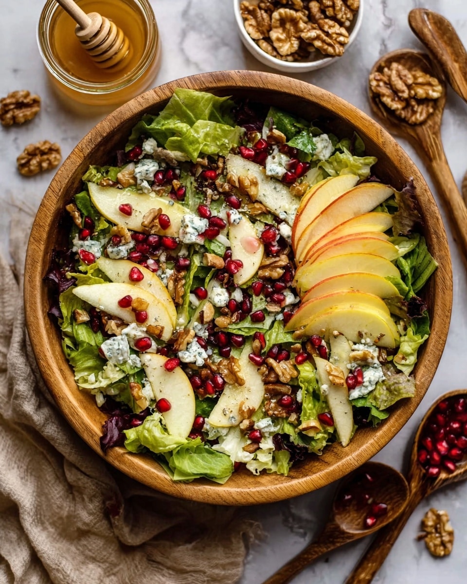 A white bowl filled with a layered salad set on a white marbled surface. The bottom layer is fresh green spinach leaves with some mixed greens. On top of that are thin slices of yellow pears arranged in a fan shape around the bowl. Scattered over the salad are creamy white cheese chunks, small crunchy nuts, and some dried cranberries adding dark red spots. A light drizzle of brown dressing runs over the top, catching the light. A woman's hand holds a wooden spoon over the salad ready to serve. Photo taken with an iphone --ar 4:5 --v 7