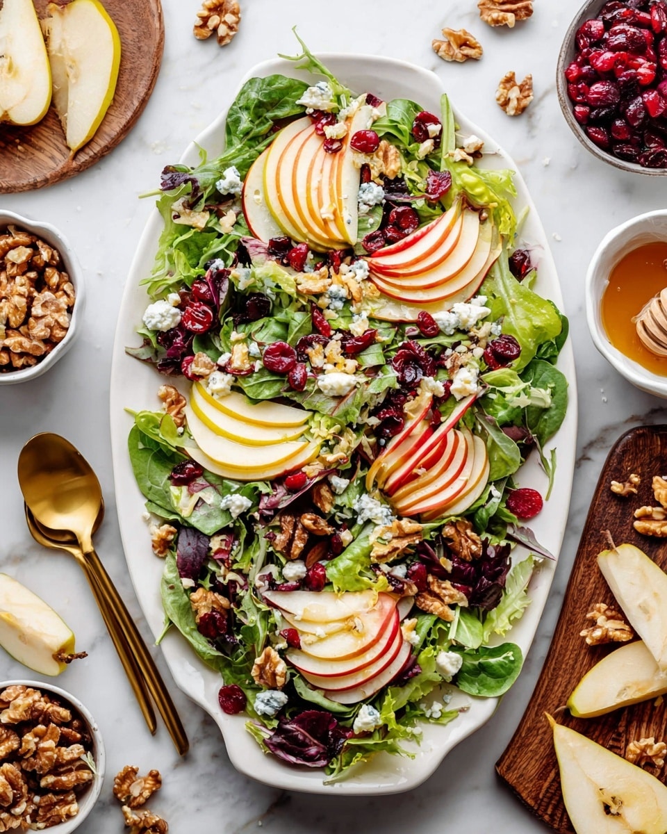 A bowl of fresh salad with a base layer of mixed green lettuce leaves, topped with thin slices of light yellow apple arranged in a fan shape on one side. Scattered over the salad are small red pomegranate seeds, crumbly blue cheese pieces, and golden brown walnuts. The bowl is wooden and rests on a white marbled surface, surrounded by a jar of honey with a spoon, wooden salad utensils, and extra walnut pieces in a small white bowl. The light is soft, highlighting the fresh textures and colors. Photo taken with an iphone --ar 4:5 --v 7