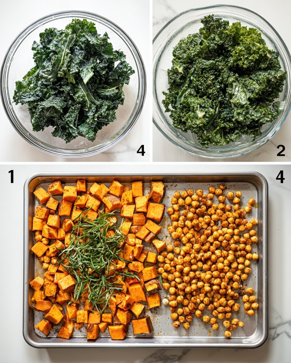 The image shows four steps with fresh dark green kale leaves in a clear glass bowl; the first step has large pieces of raw kale with a shiny, uneven texture, and the second step shows the kale chopped into smaller, darker green pieces with a softer texture in the same bowl. The third step displays a silver baking tray with light orange cubed sweet potatoes and light beige chickpeas scattered on top, garnished with fresh green herb sprigs. The fourth step shows the same baking tray with the sweet potatoes and chickpeas roasted to a deeper orange and golden brown color, their texture visibly crispier and slightly shriveled. The scene is set on a white marbled surface. photo taken with an iphone --ar 4:5 --v 7