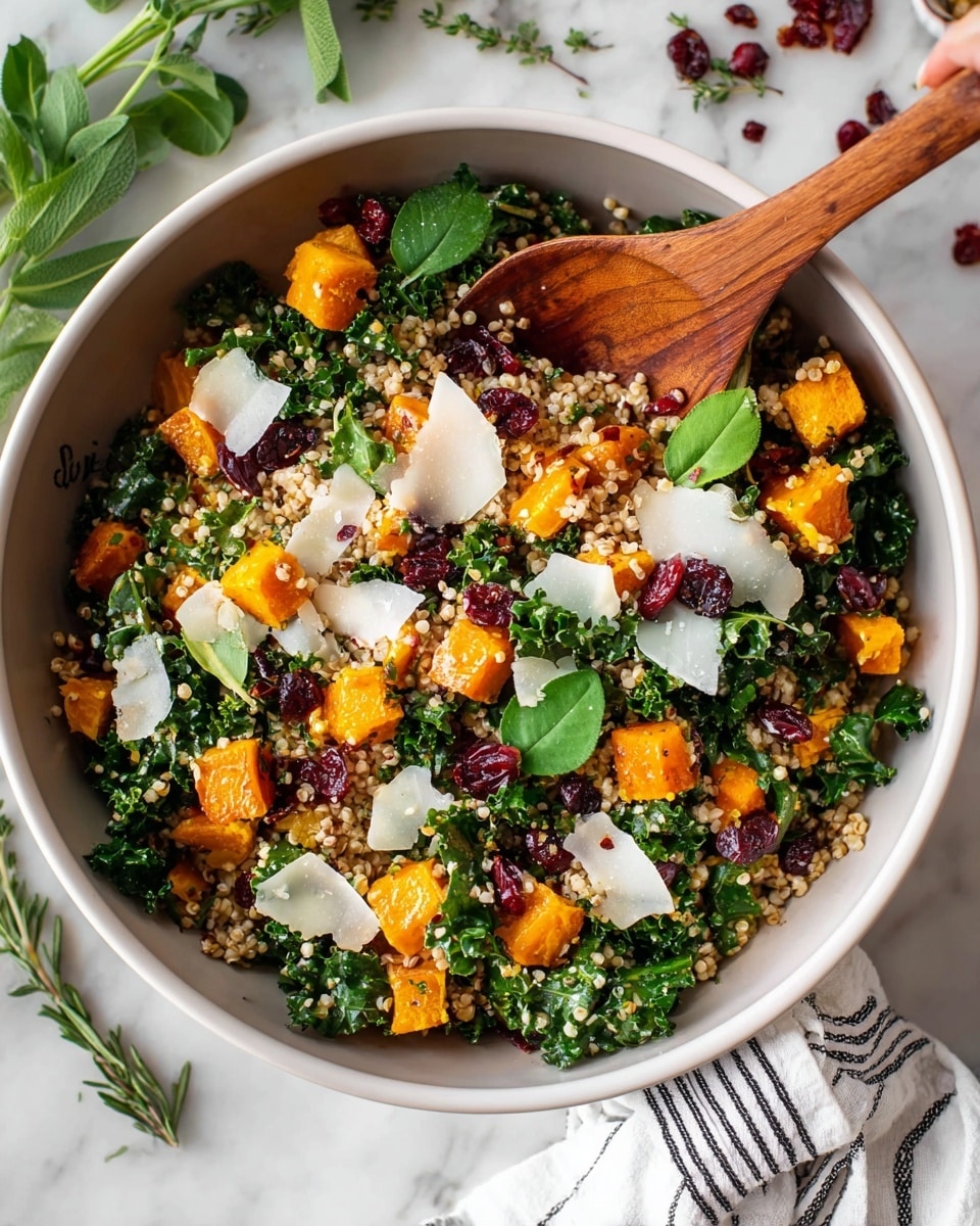 A shallow white bowl holds a layered salad starting with a base of small, round, light brown grains mixed with dark green kale leaves. On top, bright orange cubes of roasted squash are scattered evenly. Dried red cranberries add deep red spots throughout the dish. Fresh green herb leaves, some flat and some oval, are arranged on the surface, along with thin, white shavings of cheese. A wooden spoon with a smooth texture is inside the bowl, slightly lifting some ingredients. The bowl sits on a white marbled surface with some fresh herbs and a white cloth with black stripes nearby. Photo taken with an iphone --ar 4:5 --v 7