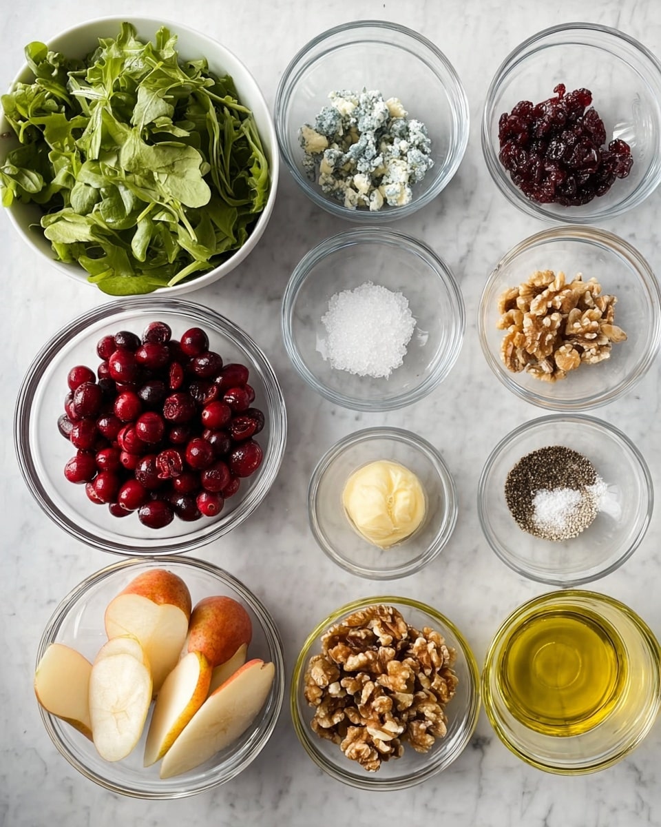 The image shows a white bowl full of fresh green spinach leaves on the right side, next to a green cutting board that holds a halved red onion with thin slices of purple onion and a knife with a silver blade and wooden handle. On the white marbled surface, there are two apple halves with pale yellow flesh and red skin at the top left. Below them are three small white bowls: one with crumbled white cheese, one with dark red dried cranberries, and one with brown pecan nuts. Some dried cranberries are scattered around the bowls. A glass jar with golden honey is placed on the bottom left, beside a folded dark gray cloth. Photo taken with an iphone --ar 4:5 --v 7