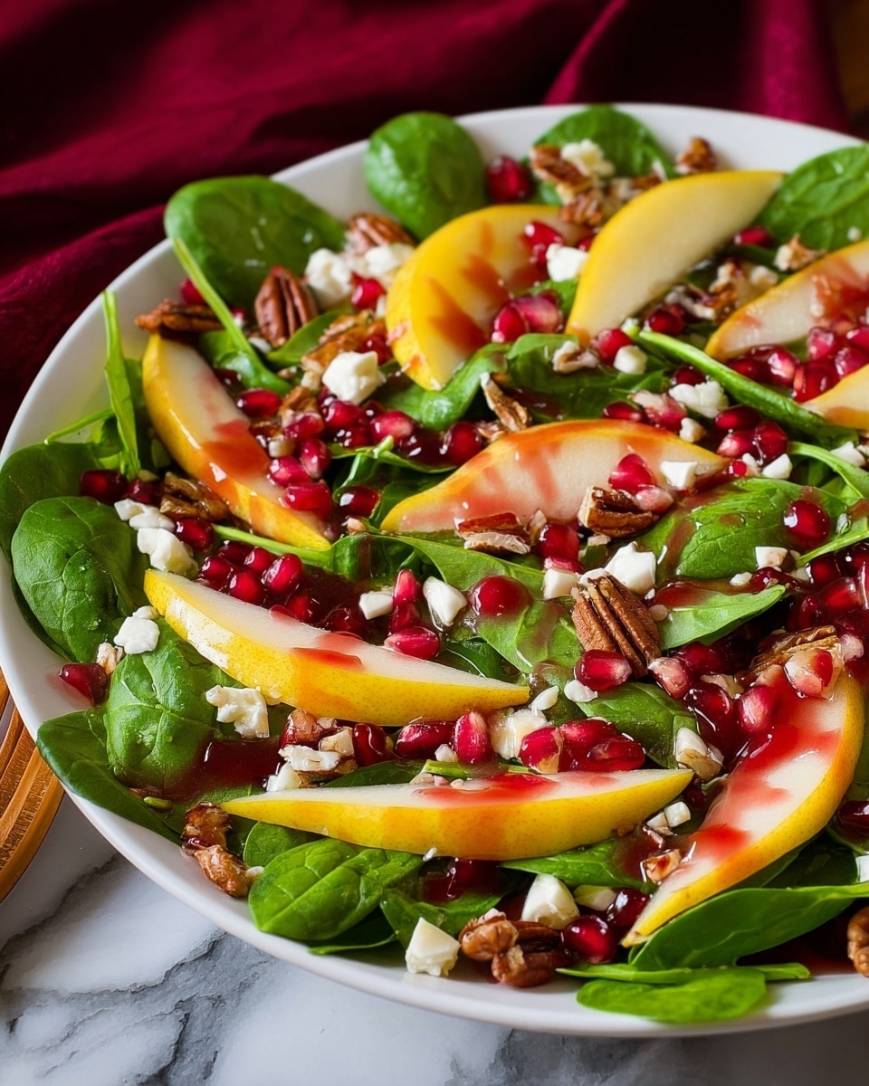 A white bowl filled with a colorful salad set on a white marbled surface with a red cloth nearby. The salad has layers of bright orange mandarin slices, green avocado chunks, red apple slices, pecans, dried cranberries, and leafy greens all mixed together. A woman's hand is pouring a thick, light brown dressing from a small red cup over the top, drizzling it onto the salad. In the background, there are whole mandarins and an avocado. Photo taken with an iphone --ar 4:5 --v 7