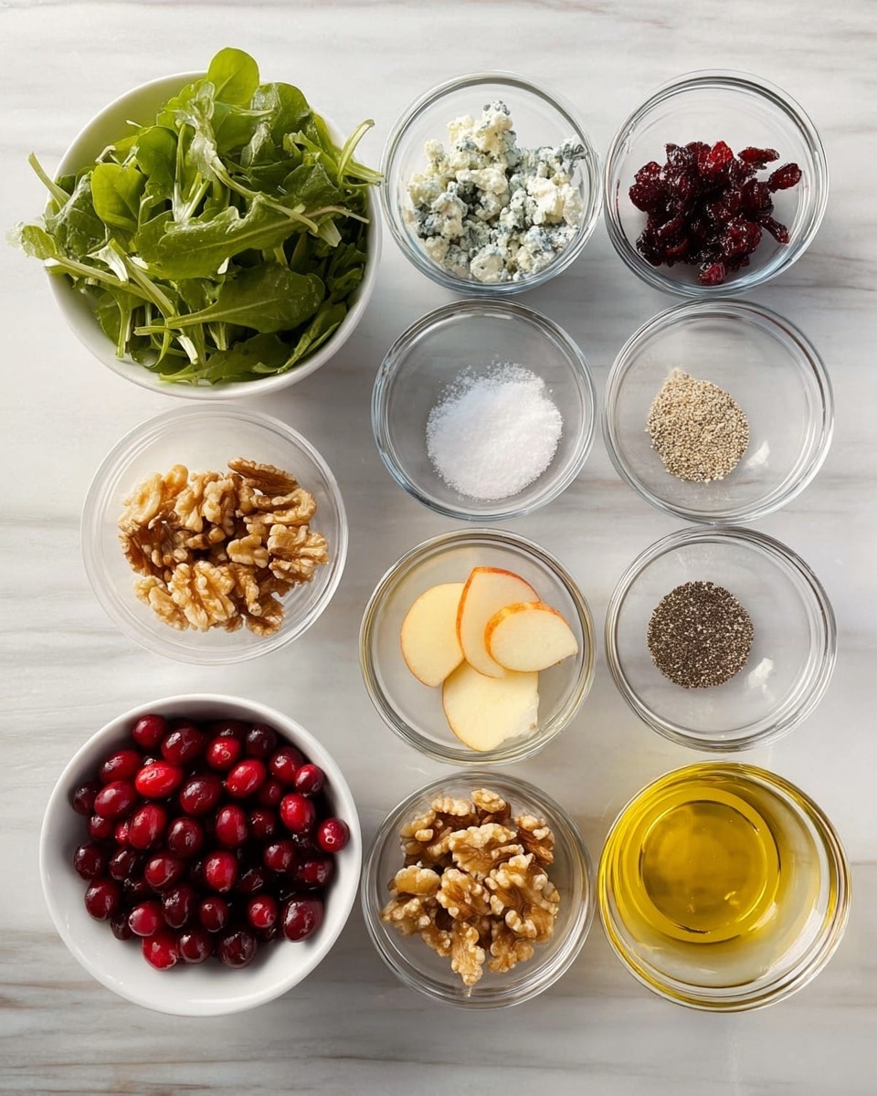 The image shows nine clear glass bowls and two white bowls arranged in neat rows on a white marbled surface. Starting from the top left, there is a white bowl filled with fresh green leafy salad mix. Next to it are three small glass bowls containing crumbled blue cheese, dried cranberries, and white sugar crystals. Below, a white bowl holds shiny red cranberries, while nearby glass bowls contain peeled pear slices, walnut halves, and a dollop of creamy mustard. The last row has three glass bowls filled with water, golden olive oil, and a mix of salt and black pepper. The arrangement creates a colorful and fresh array of salad ingredients, photo taken with an iphone --ar 4:5 --v 7
