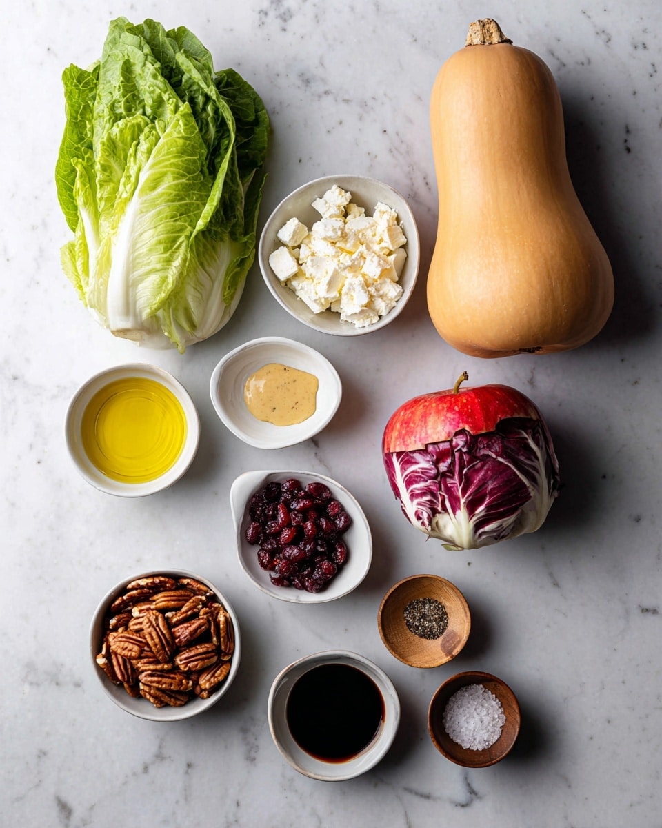 The image shows a neat arrangement of fresh ingredients on a white marbled surface. There are a whole butternut squash on the top right and a small round radicchio below it with a red apple at the bottom right. On the left side, there is a fresh head of green romaine lettuce. Several small white bowls hold different ingredients: golden olive oil at the top left, crumbly white cheese next to it, dried cranberries beside the cheese, and a bowl of pecans below the cranberries. There is a small white bowl with smooth mustard in the center and a dark balsamic vinegar in a white bowl to the right. Two small wooden bowls at the bottom hold salt and black pepper. The colors range from pale orange, deep red and green to golden brown, cream, and black. The composition is clean, simple, and bright with a soft natural light. photo taken with an iphone --ar 4:5 --v 7